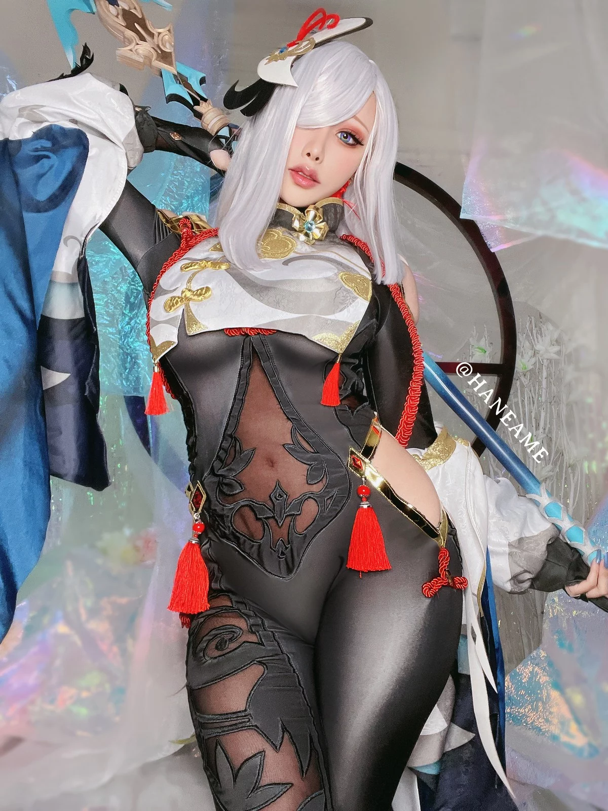 Coser美女雨波_HaneAme原神申鹤主题性感黑色蕾丝内衣秀丰满身材诱惑写真31P