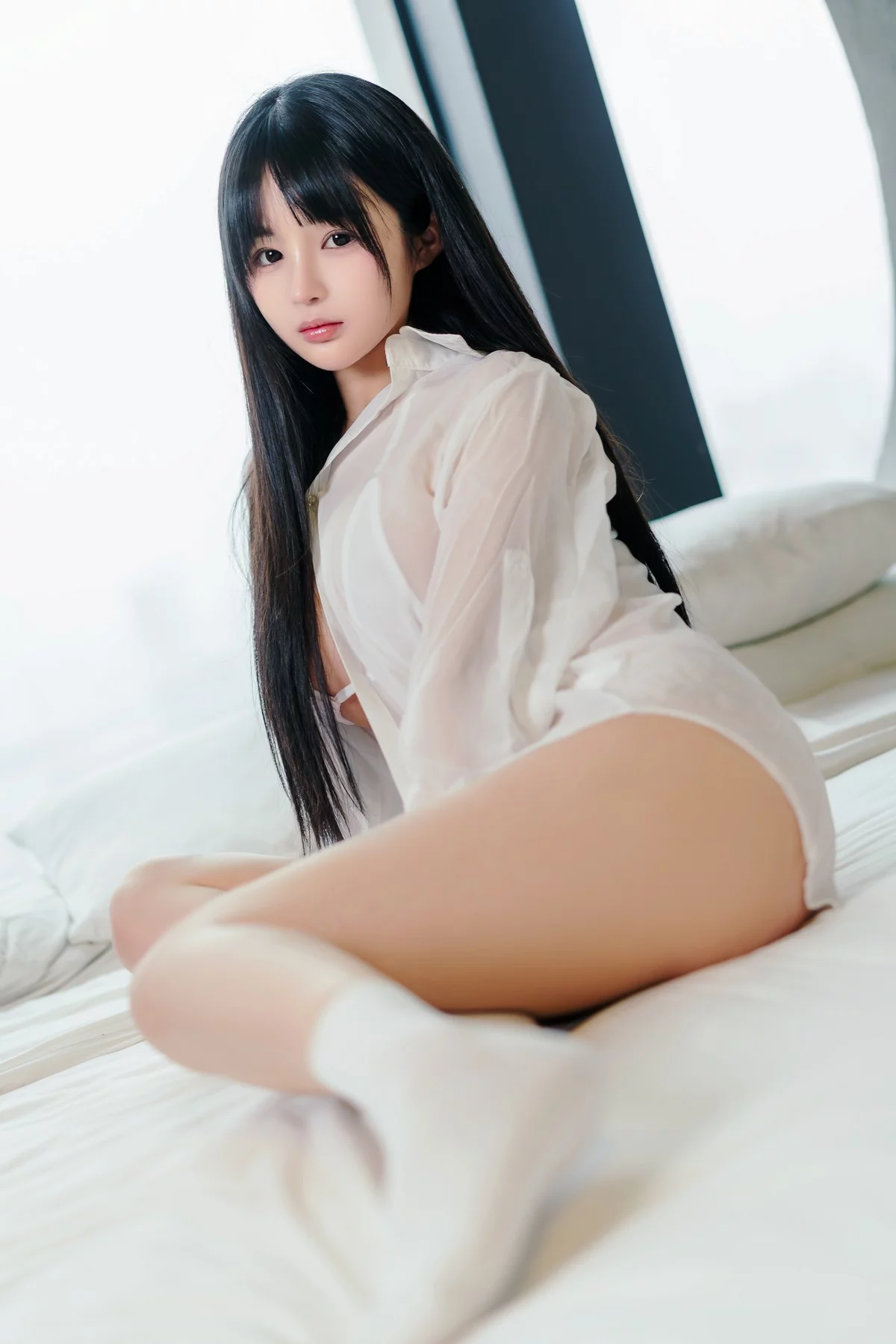 网络美女桜井宁宁男友衬衫主题私房床上半脱露性感白色三点式内衣完美诱惑写真49P