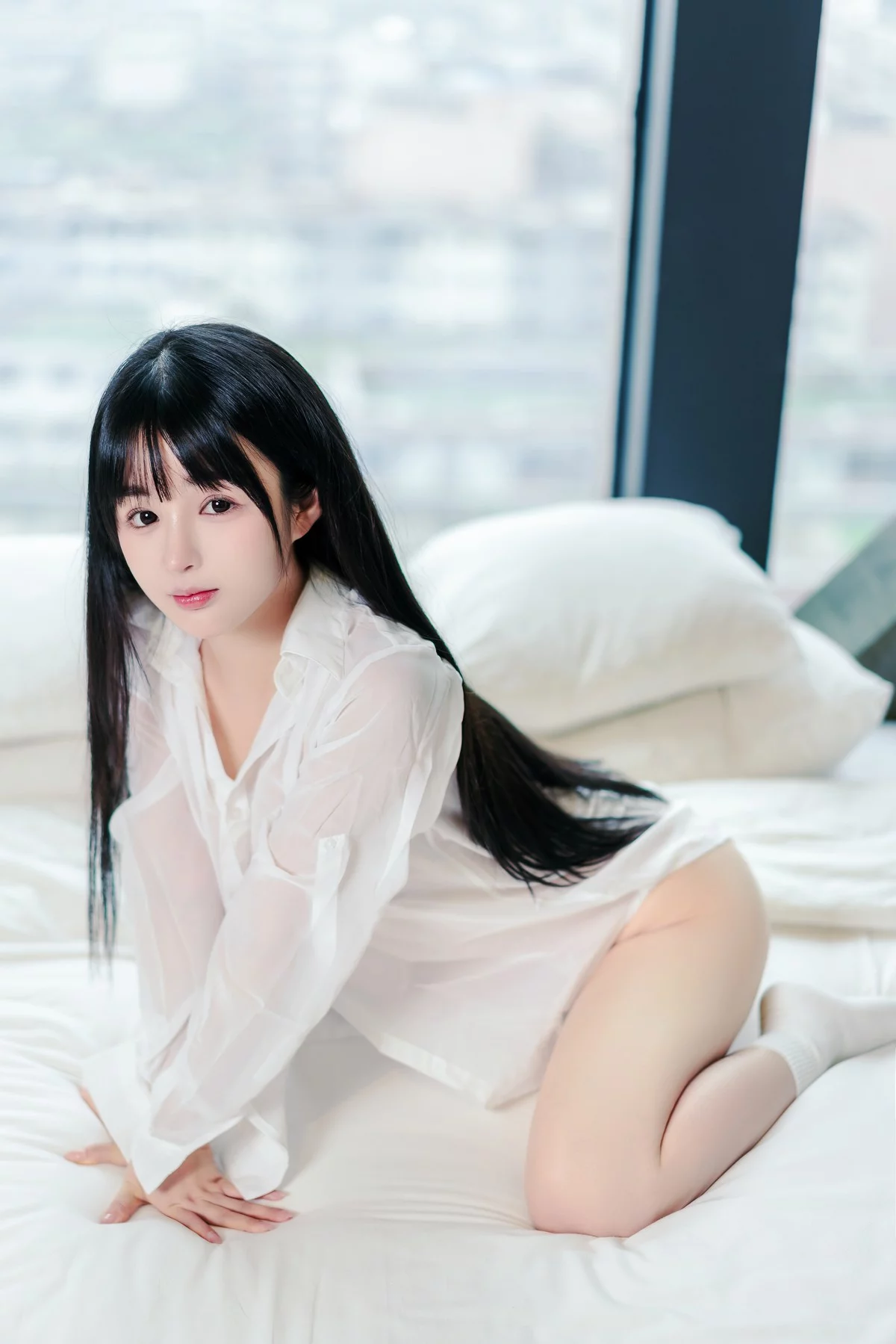 网络美女桜井宁宁男友衬衫主题私房床上半脱露性感白色三点式内衣完美诱惑写真49P