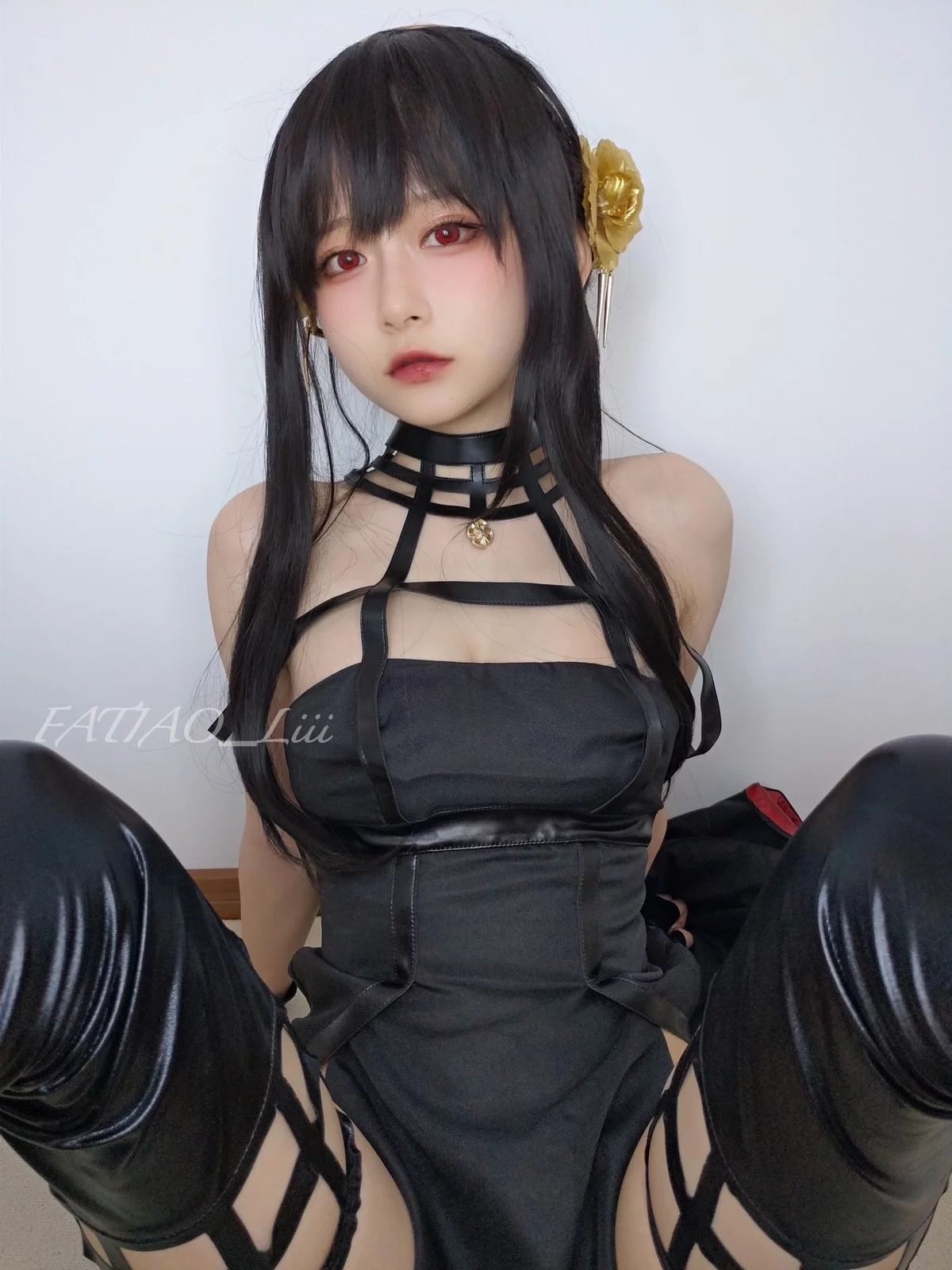 网络美女迷之呆梨约尔·福杰主题私房性感黑色三点式皮质内衣秀曼妙身姿诱惑写真58P