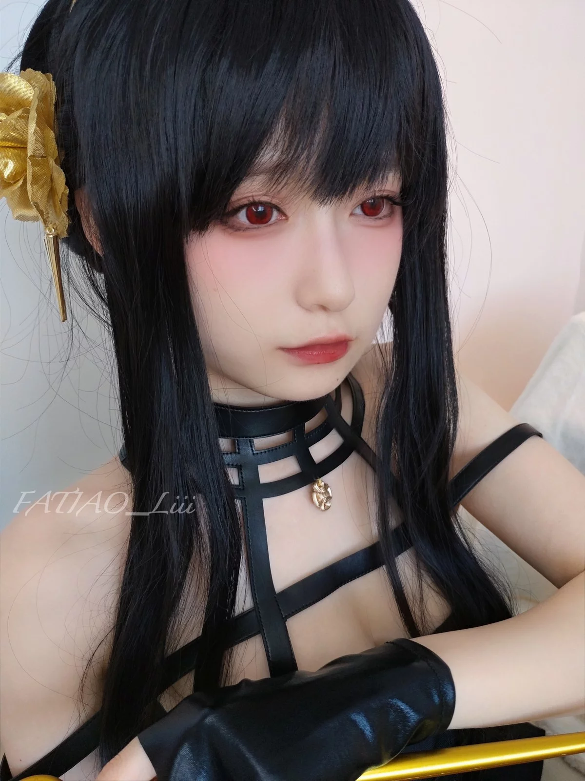网络美女迷之呆梨约尔·福杰主题私房性感黑色三点式皮质内衣秀曼妙身姿诱惑写真58P