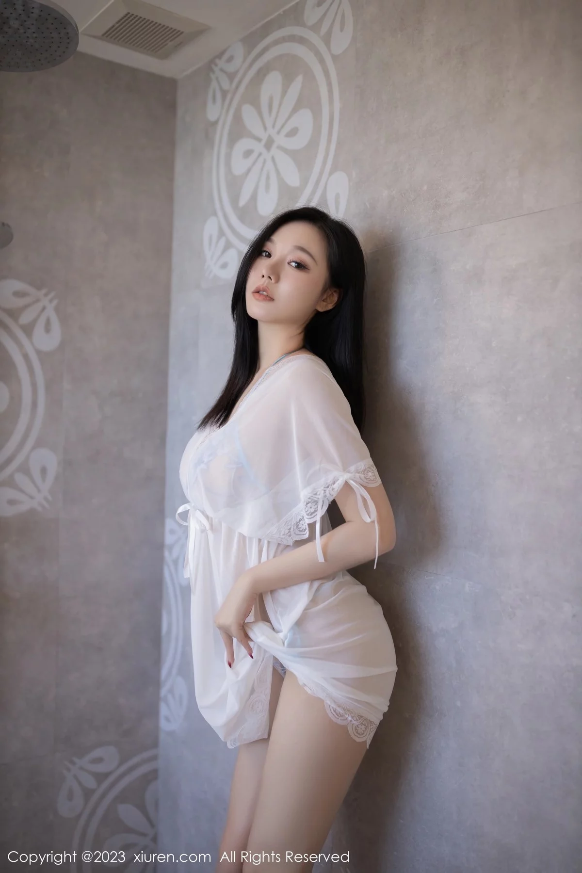 XiuRen第6827期_模特安然anran性感白色轻透薄纱服露淡蓝轻透蕾丝内衣诱惑写真79P