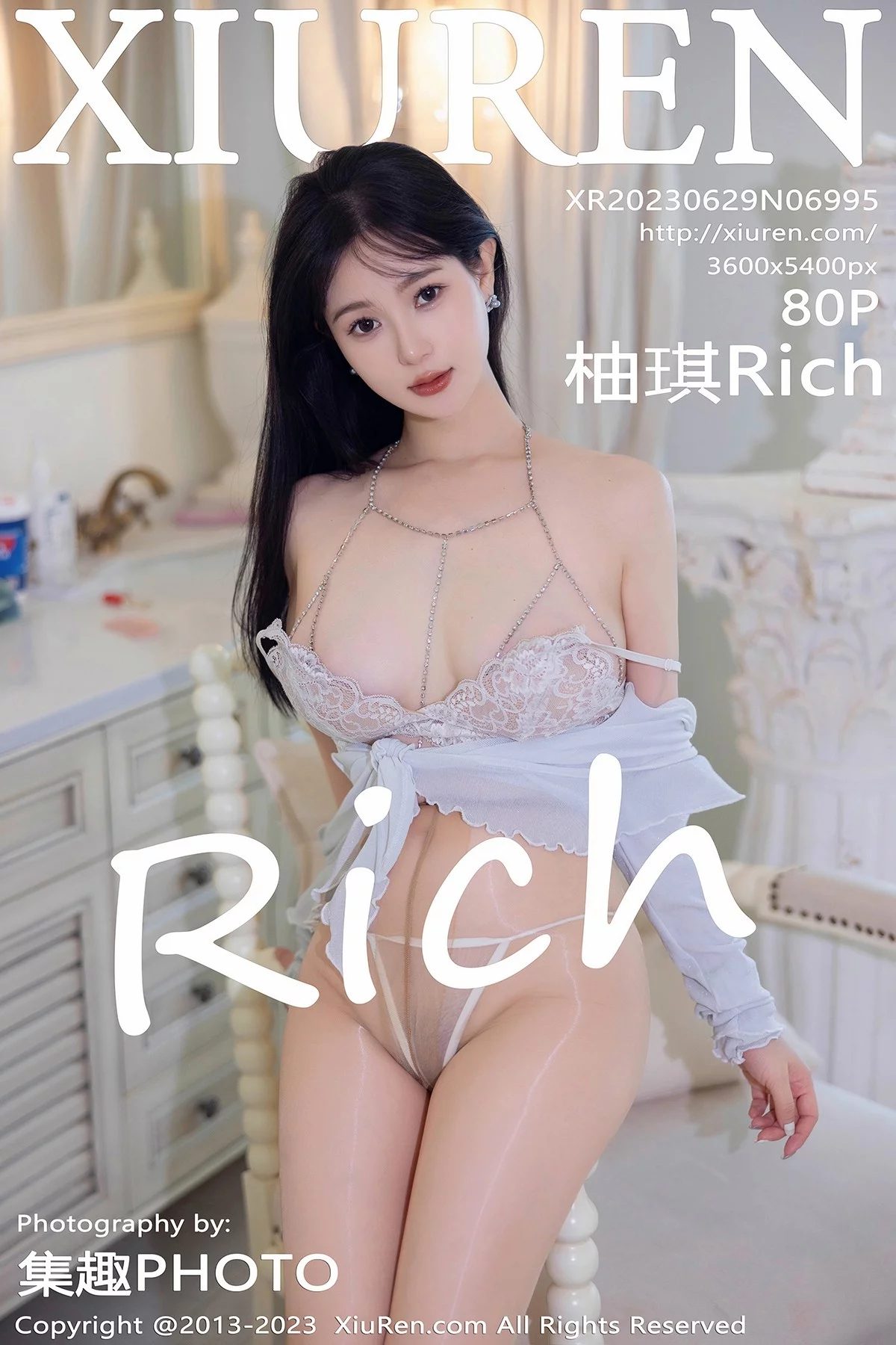 XiuRen第6995期_模特柚琪Rich性格白色蕾丝内衣配超薄肉丝秀曼妙身姿诱惑写真80P
