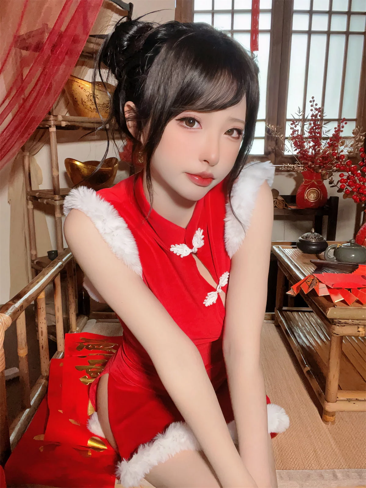 性感尤物清水由乃2023新年旗袍主题性感红色高开旗袍配白丝袜秀美腿诱惑写真77P