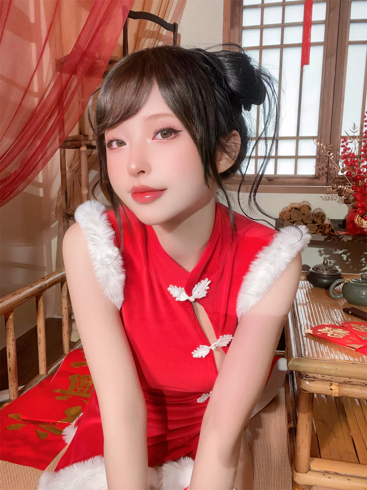 性感尤物清水由乃2023新年旗袍主题性感红色高开旗袍配白丝袜秀美腿诱惑写真77P