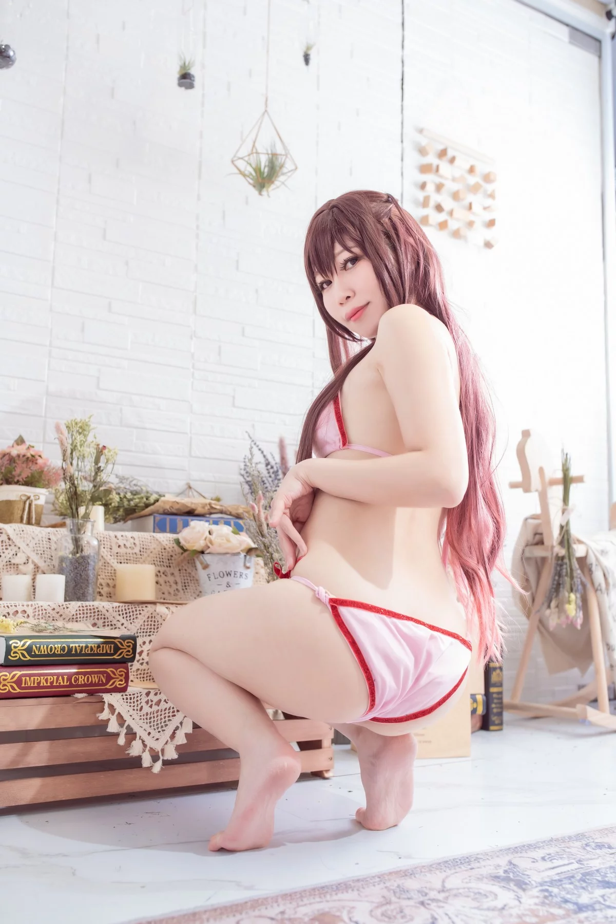 网络美女小琪-Aki水原千鶴水著主题私房性感红边粉色内衣秀丰满身材诱惑写真33P