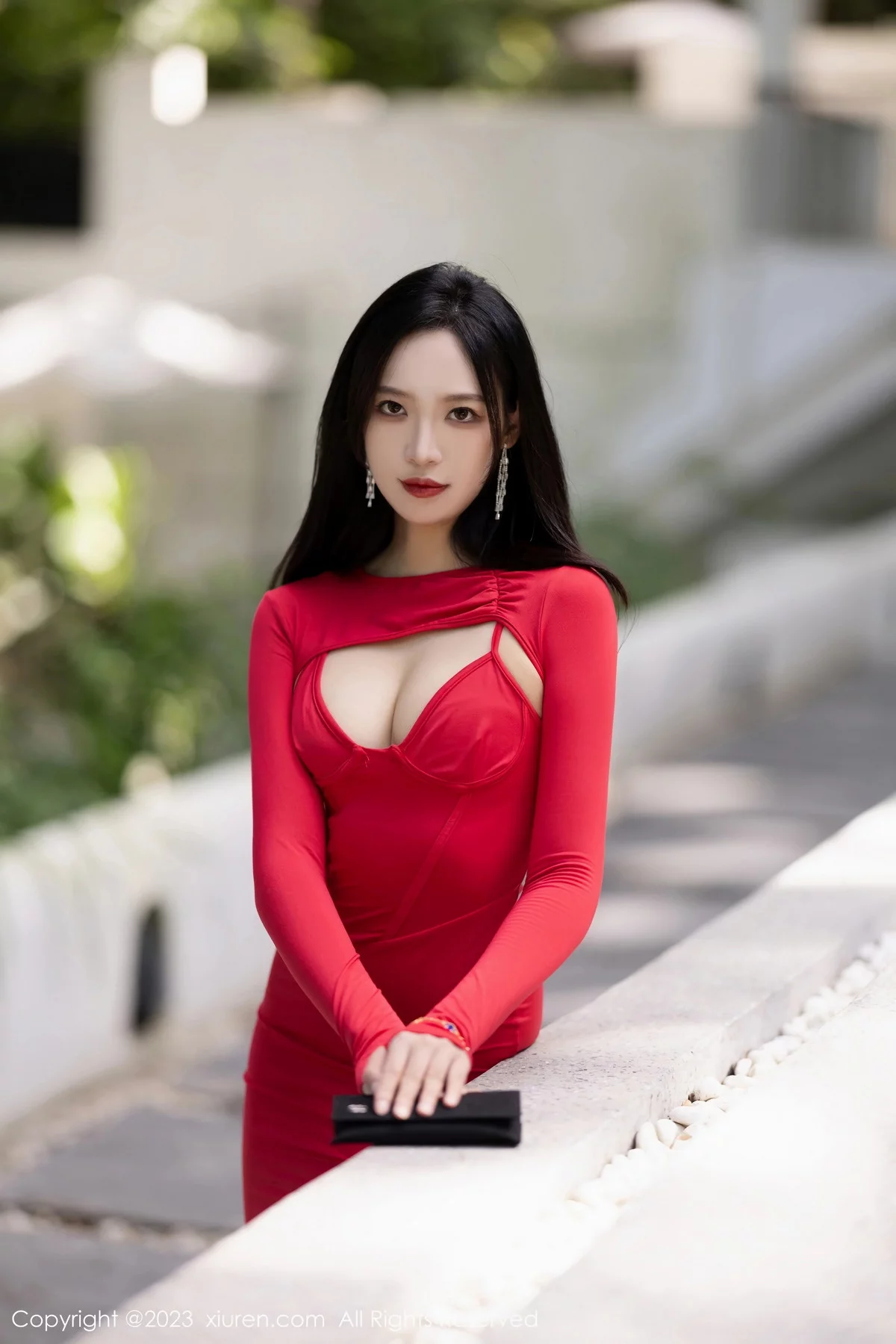 XiuRen第7194期_模特郑颖姗Bev红色连衣短裙露红色蕾丝内衣配黑丝吊袜诱惑写真83P