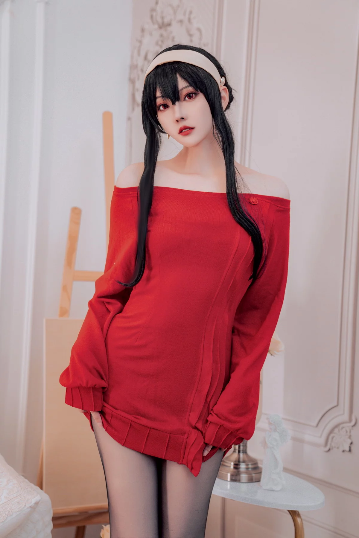网络美女Natsuko夏夏子约尔毛衣主题性感红色开胸服饰配开档黑丝撩人诱惑写真36P