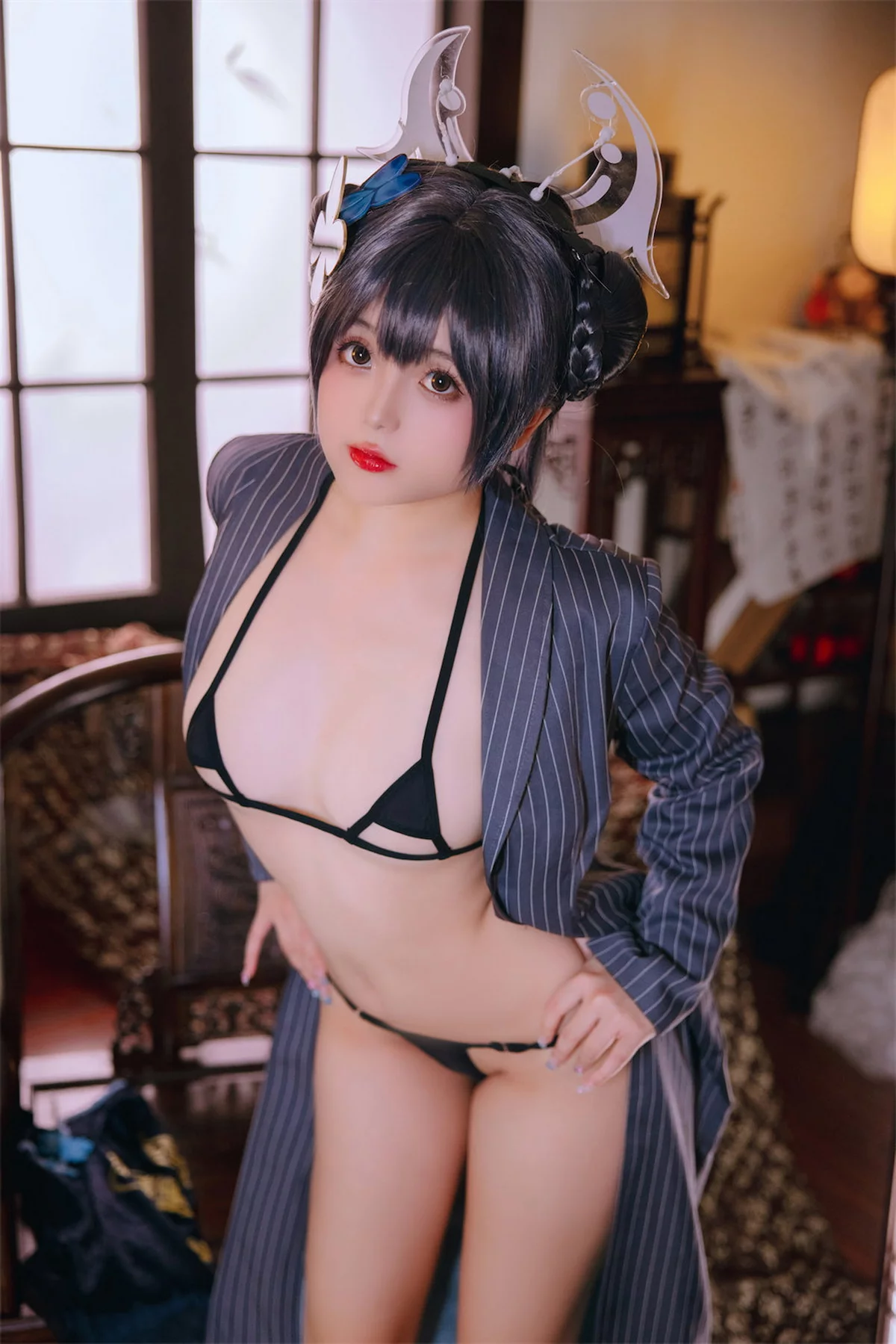 Cosplay美女日奈娇碧蓝档案妃咲主题脱性感旗袍露黑色三点式内衣完美诱惑写真92P