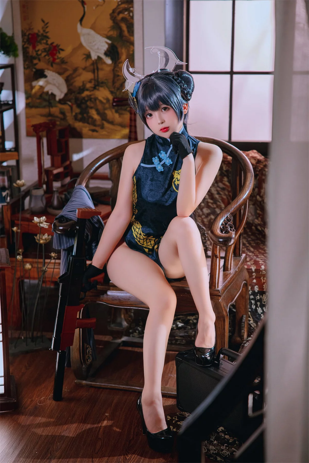 Cosplay美女日奈娇碧蓝档案妃咲主题脱性感旗袍露黑色三点式内衣完美诱惑写真92P