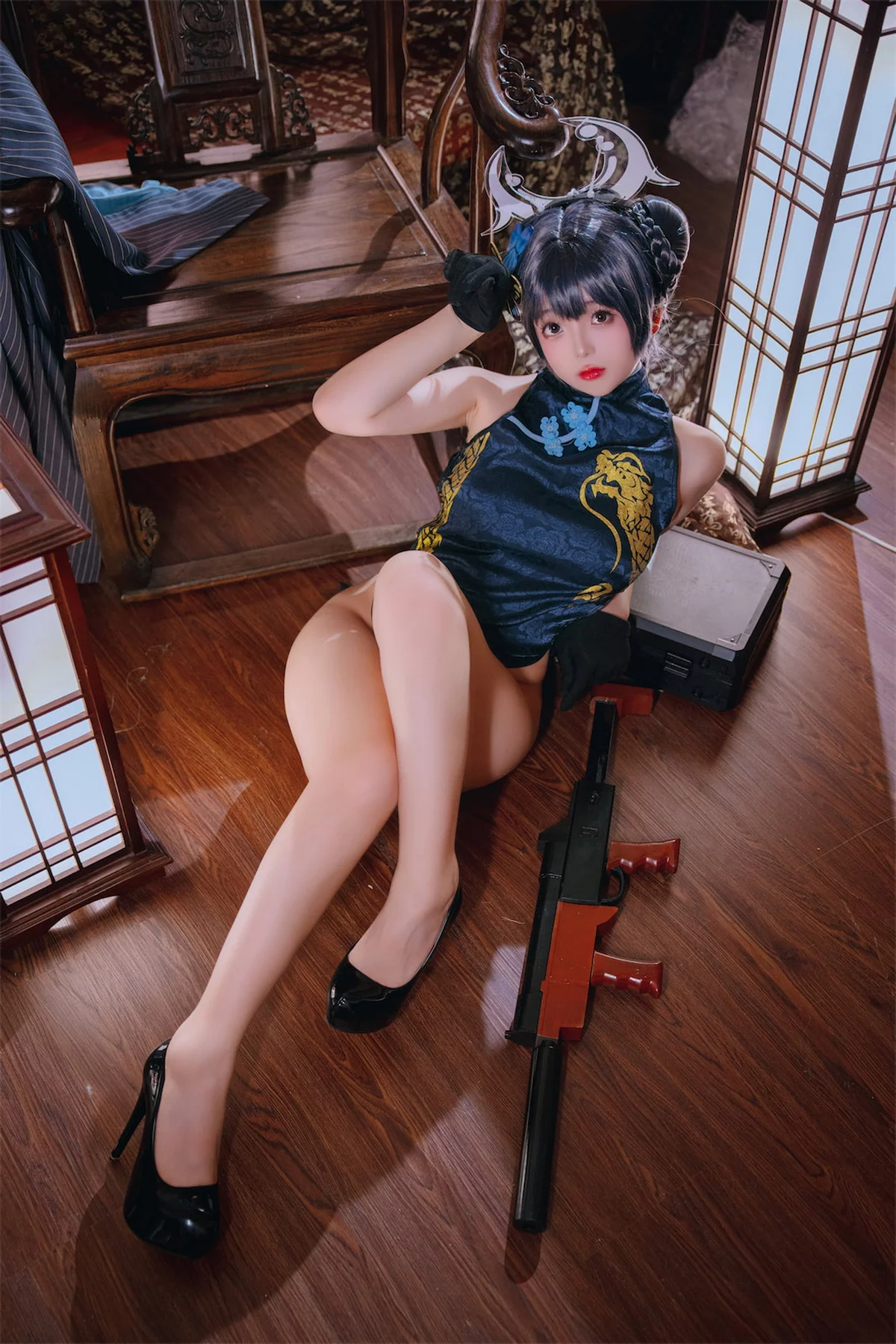 Cosplay美女日奈娇碧蓝档案妃咲主题脱性感旗袍露黑色三点式内衣完美诱惑写真92P