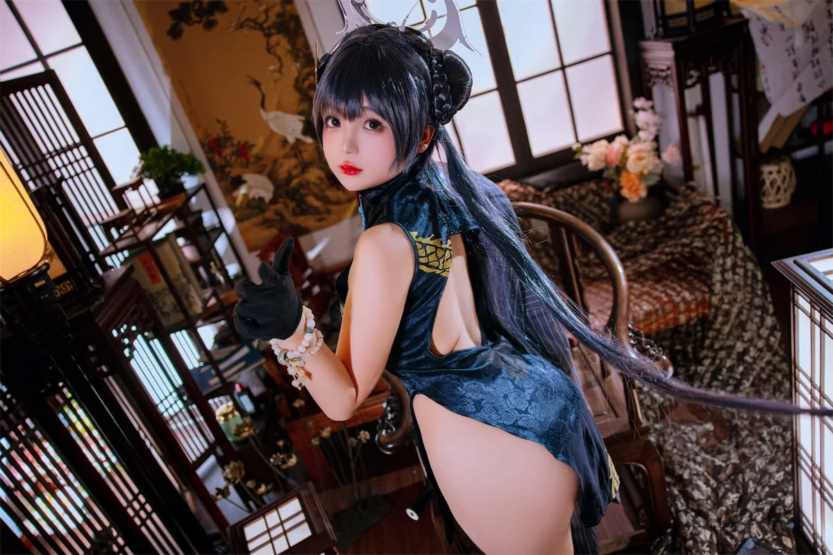 Cosplay美女日奈娇碧蓝档案妃咲主题脱性感旗袍露黑色三点式内衣完美诱惑写真92P