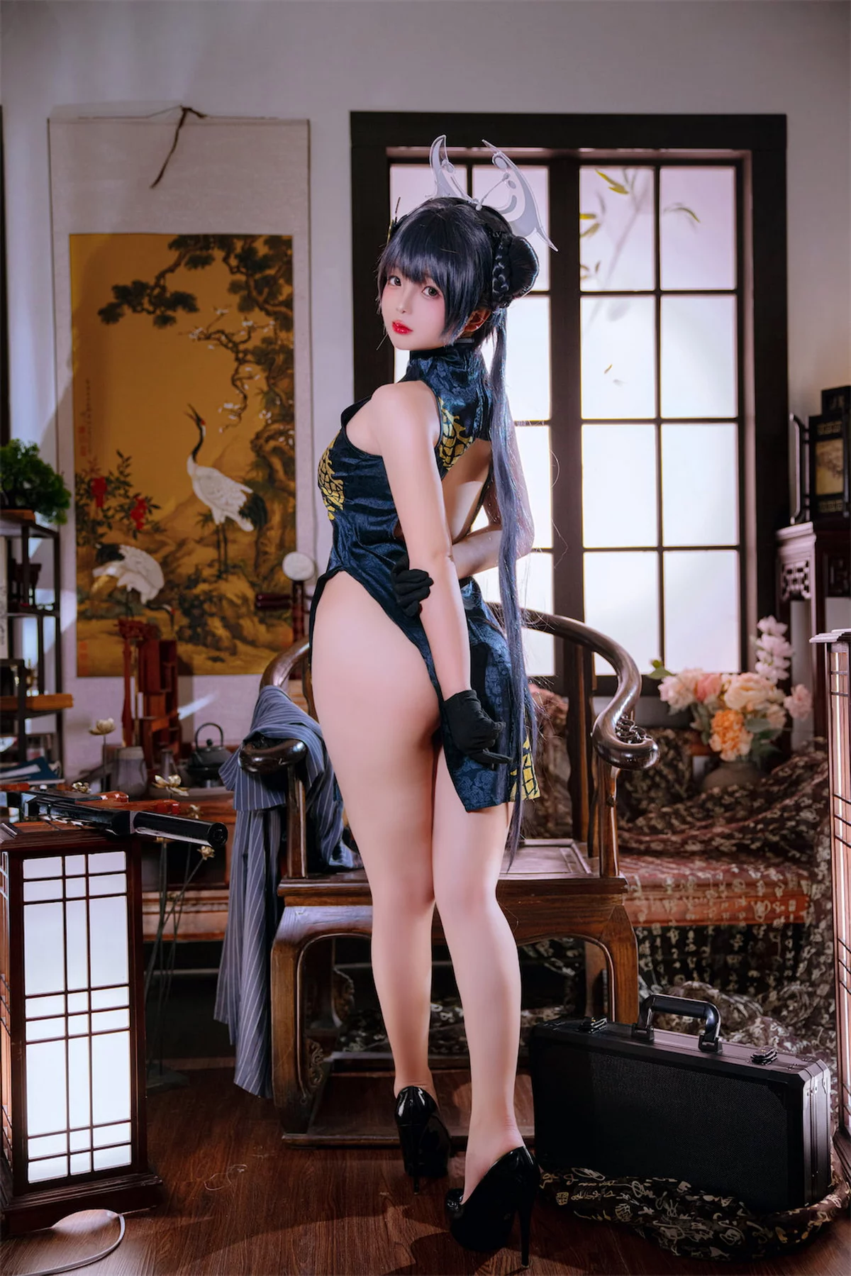 Cosplay美女日奈娇碧蓝档案妃咲主题脱性感旗袍露黑色三点式内衣完美诱惑写真92P