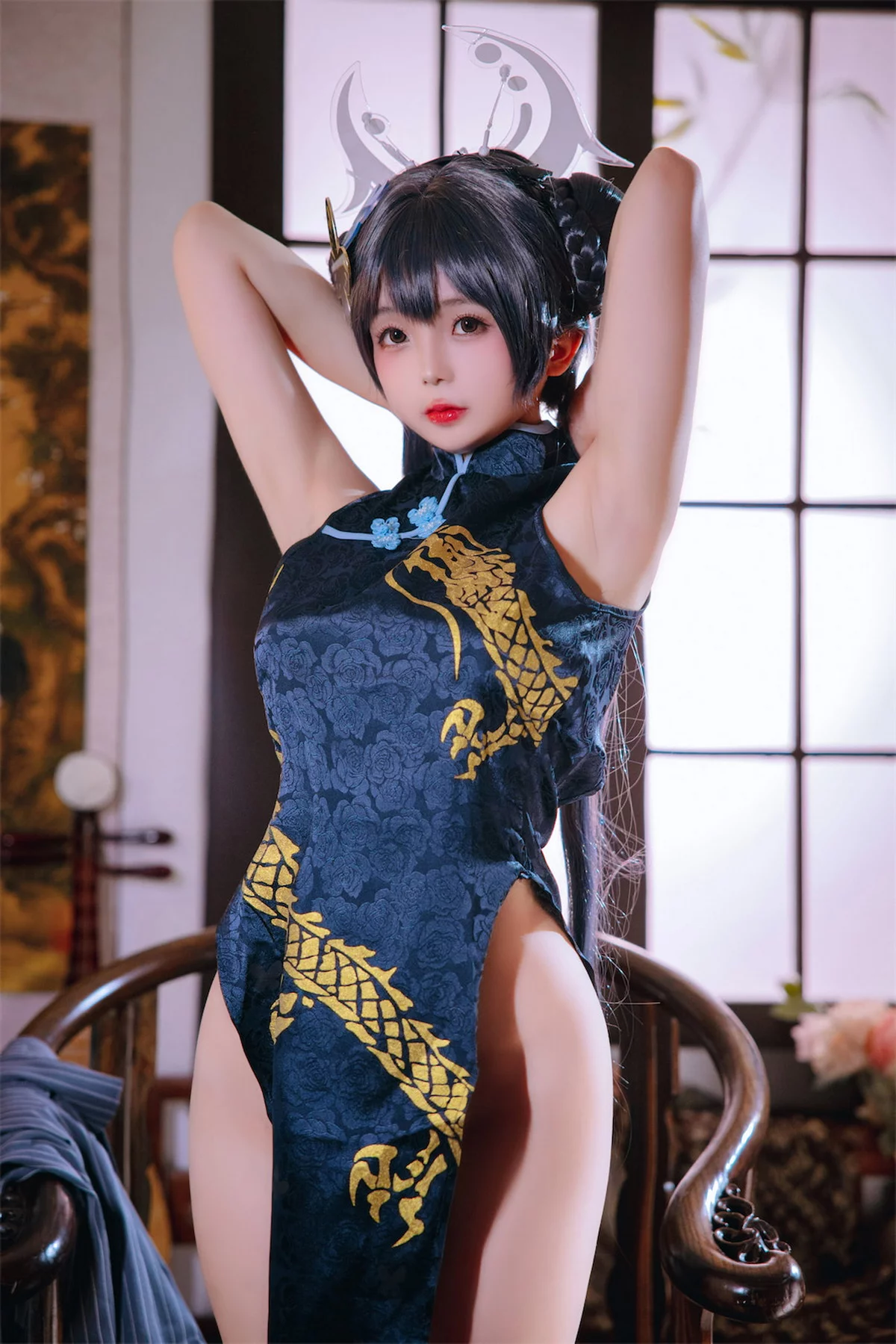 Cosplay美女日奈娇碧蓝档案妃咲主题脱性感旗袍露黑色三点式内衣完美诱惑写真92P
