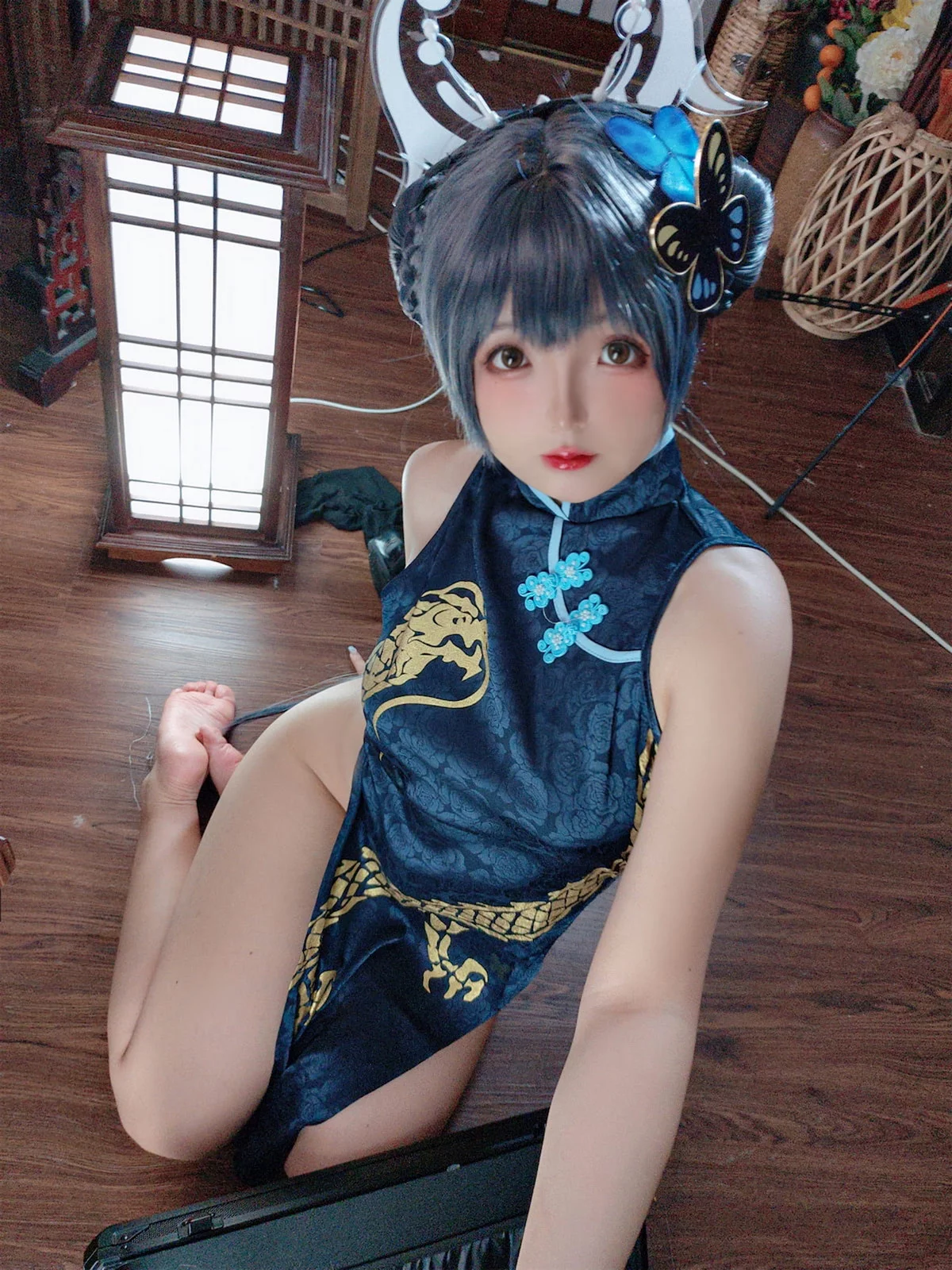 Cosplay美女日奈娇碧蓝档案妃咲主题脱性感旗袍露黑色三点式内衣完美诱惑写真92P