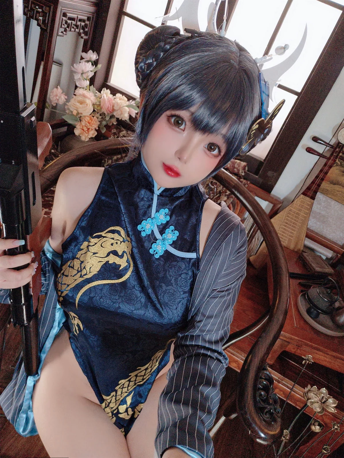 Cosplay美女日奈娇碧蓝档案妃咲主题脱性感旗袍露黑色三点式内衣完美诱惑写真92P