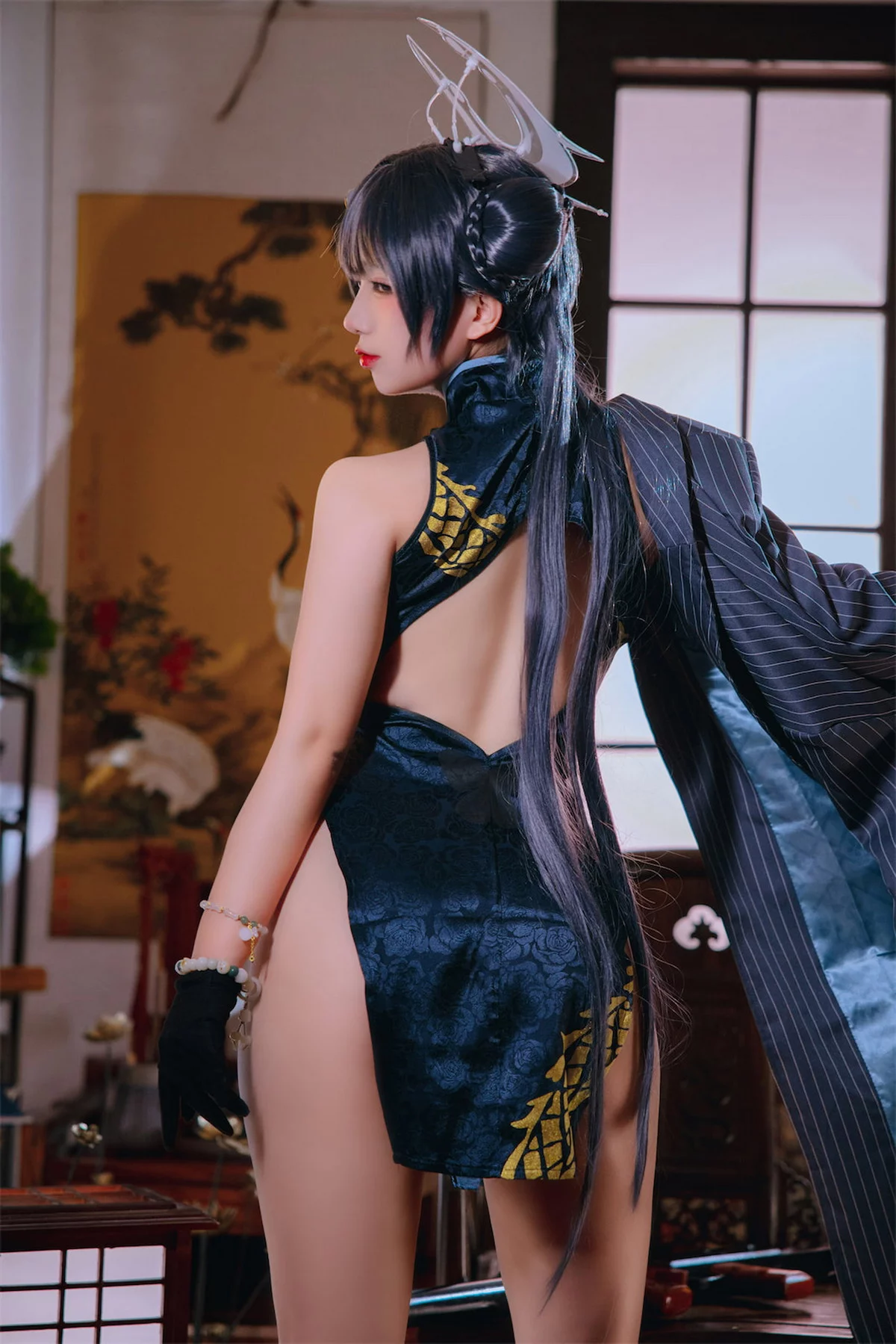 Cosplay美女日奈娇碧蓝档案妃咲主题脱性感旗袍露黑色三点式内衣完美诱惑写真92P