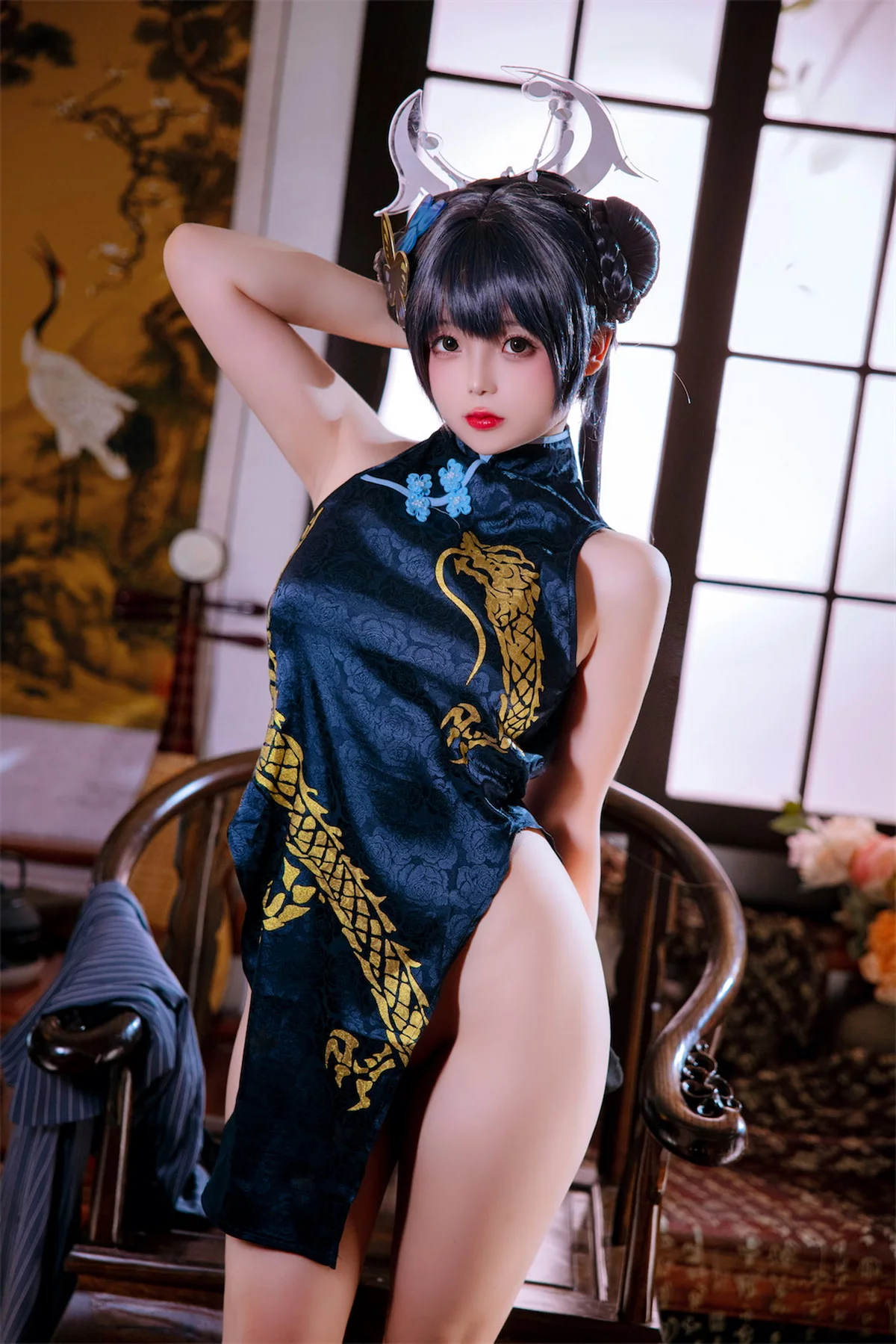 Cosplay美女日奈娇碧蓝档案妃咲主题脱性感旗袍露黑色三点式内衣完美诱惑写真92P