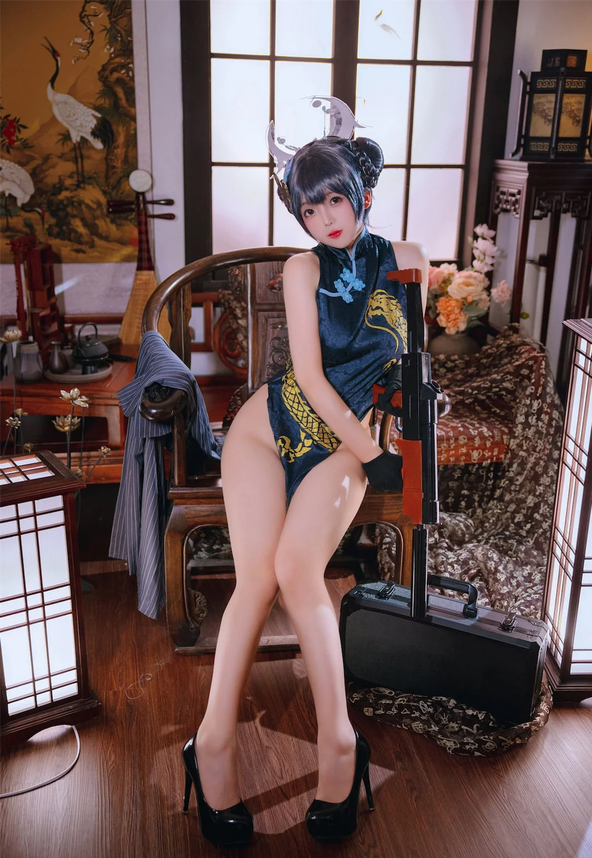 Cosplay美女日奈娇碧蓝档案妃咲主题脱性感旗袍露黑色三点式内衣完美诱惑写真92P