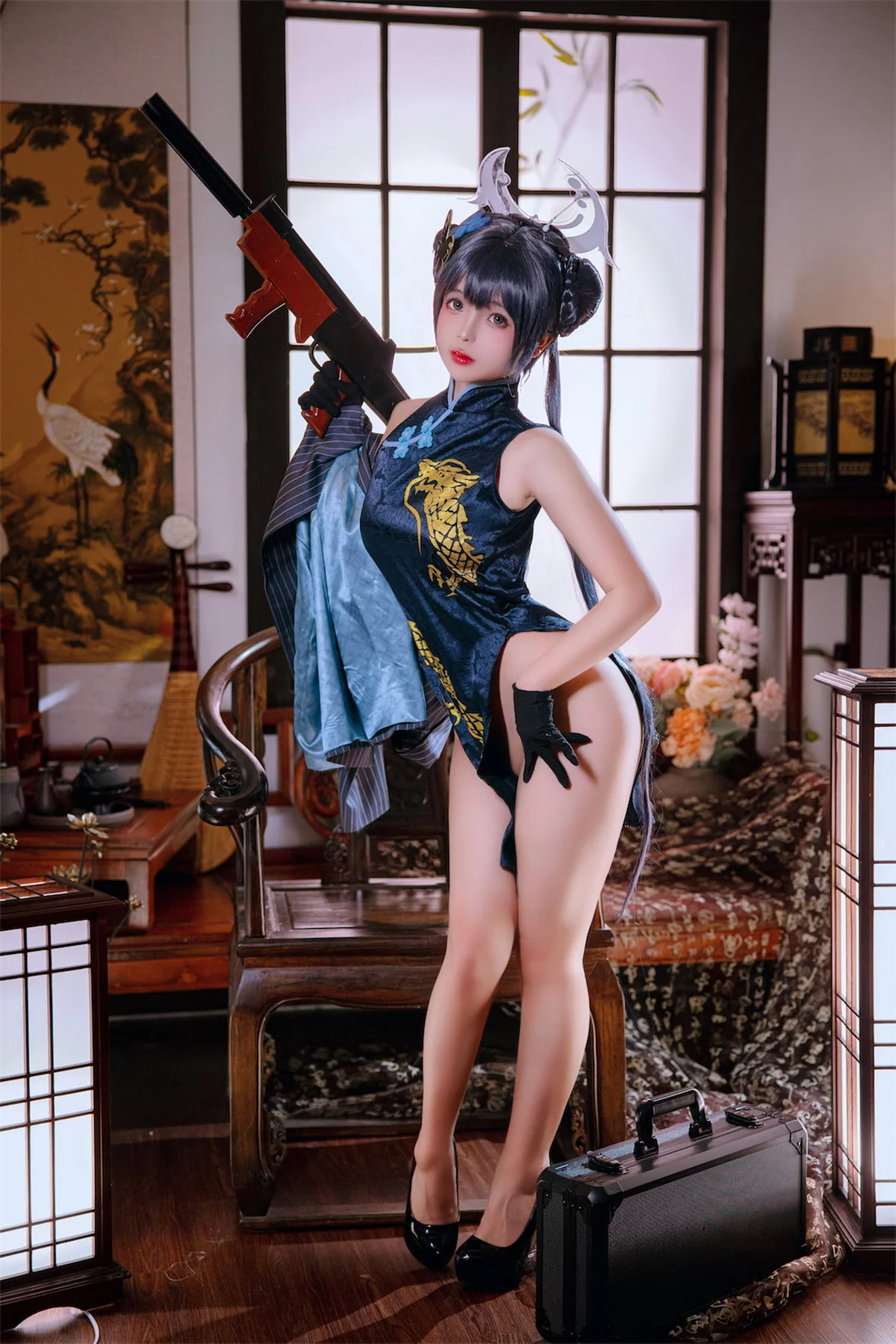 Cosplay美女日奈娇碧蓝档案妃咲主题脱性感旗袍露黑色三点式内衣完美诱惑写真92P