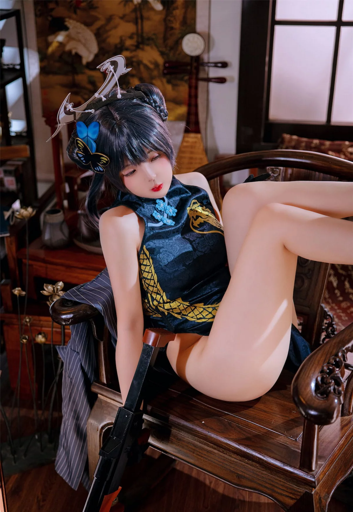 Cosplay美女日奈娇碧蓝档案妃咲主题脱性感旗袍露黑色三点式内衣完美诱惑写真92P