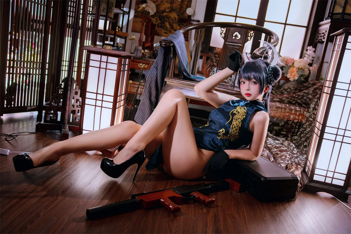 Cosplay美女日奈娇碧蓝档案妃咲主题脱性感旗袍露黑色三点式内衣完美诱惑写真92P
