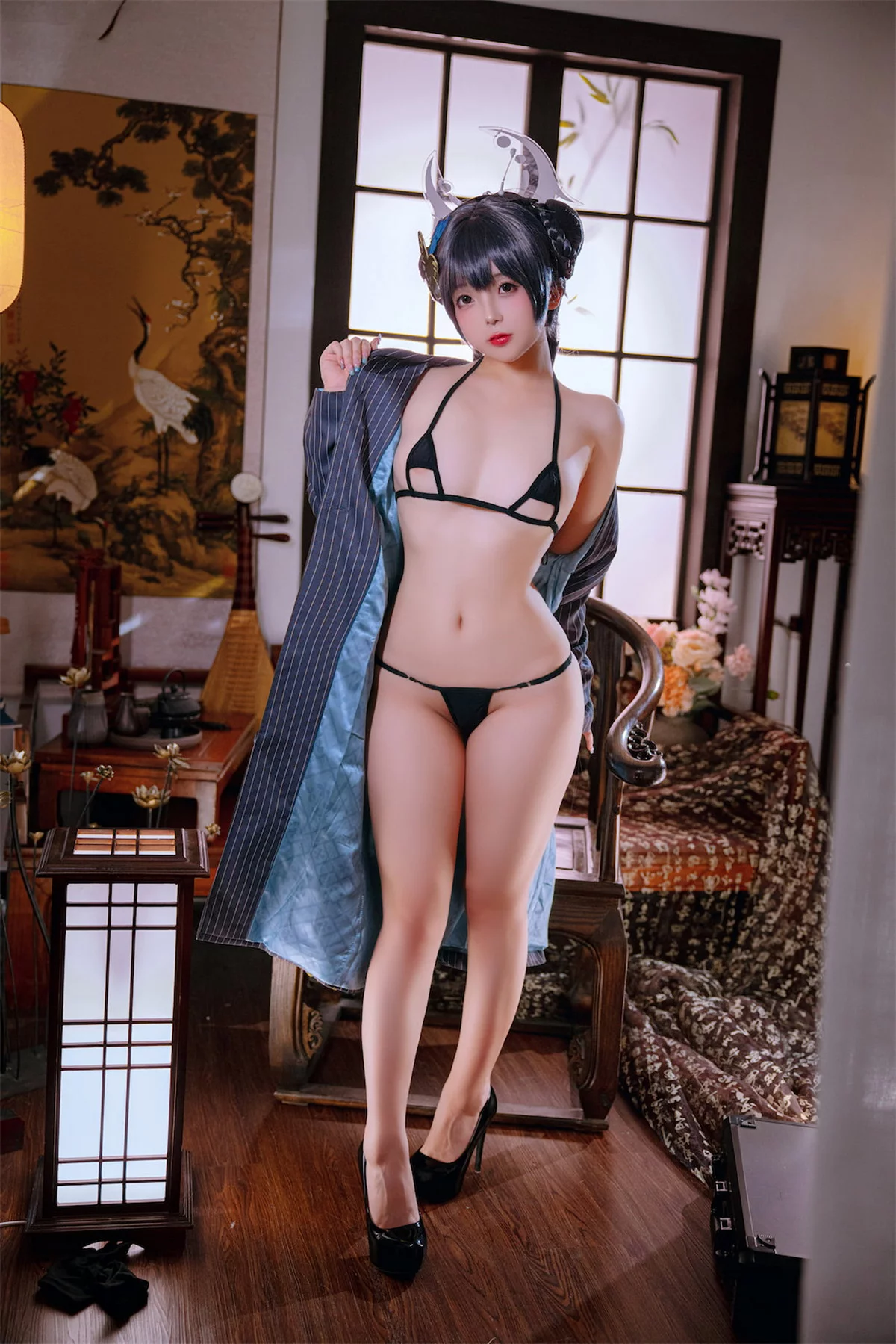 Cosplay美女日奈娇碧蓝档案妃咲主题脱性感旗袍露黑色三点式内衣完美诱惑写真92P