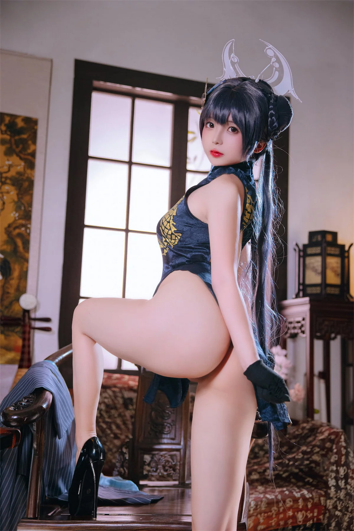 Cosplay美女日奈娇碧蓝档案妃咲主题脱性感旗袍露黑色三点式内衣完美诱惑写真92P