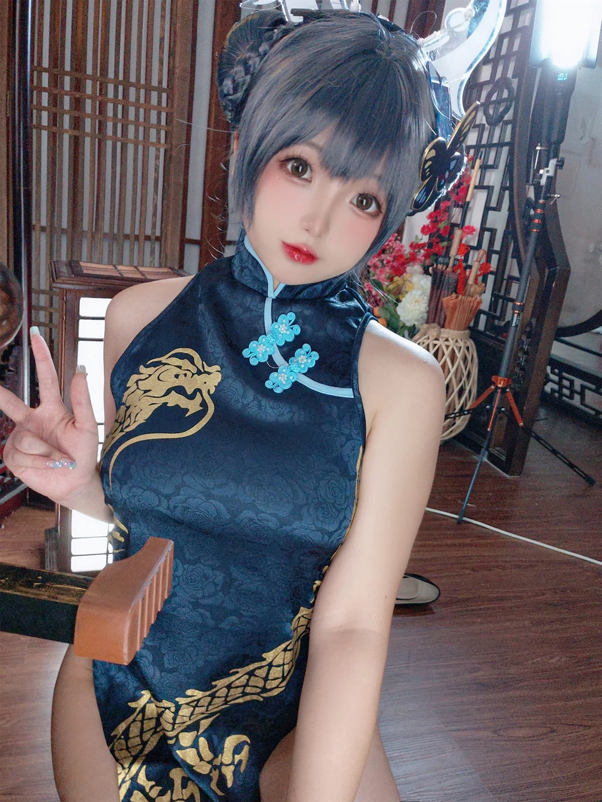 Cosplay美女日奈娇碧蓝档案妃咲主题脱性感旗袍露黑色三点式内衣完美诱惑写真92P
