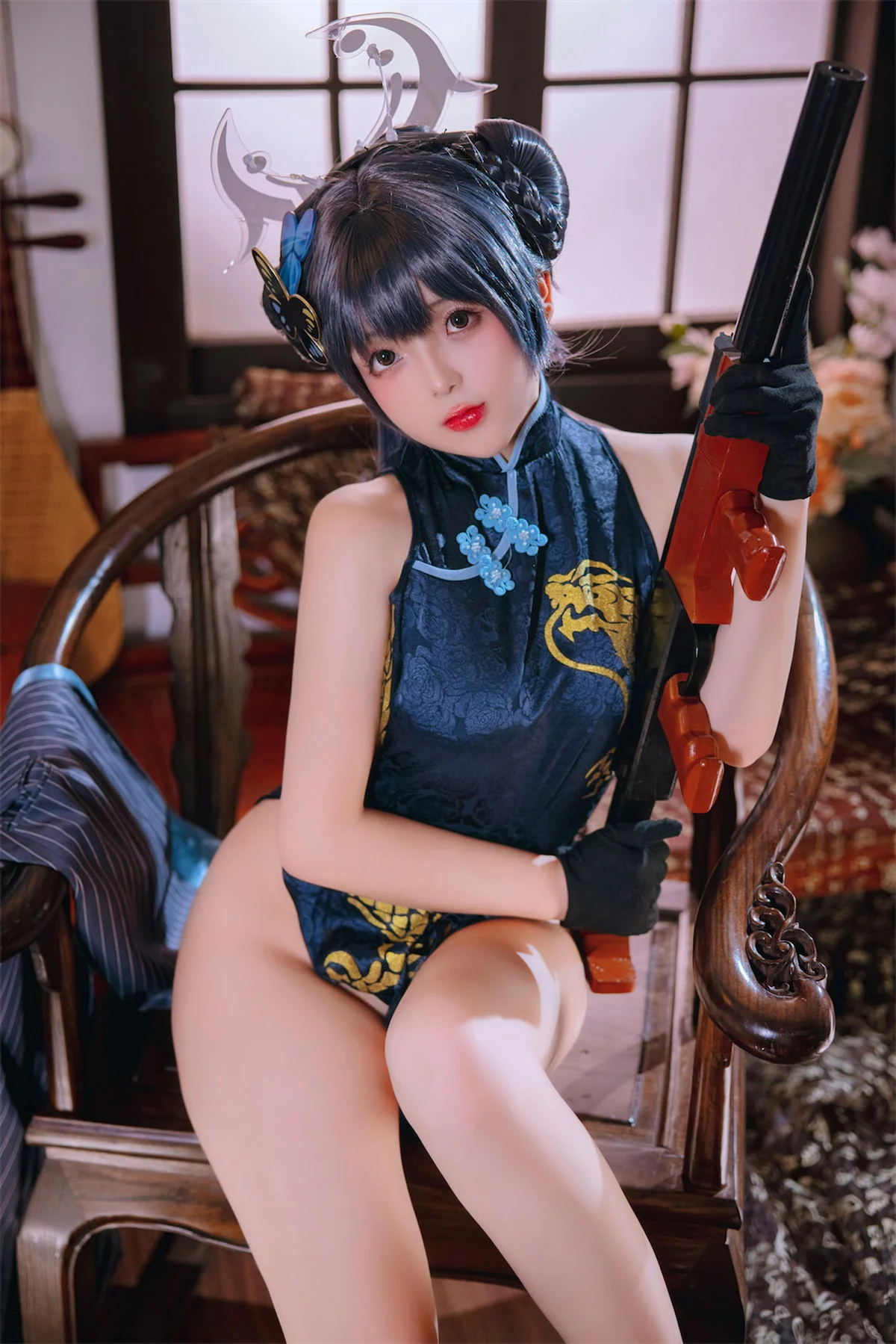 Cosplay美女日奈娇碧蓝档案妃咲主题脱性感旗袍露黑色三点式内衣完美诱惑写真92P