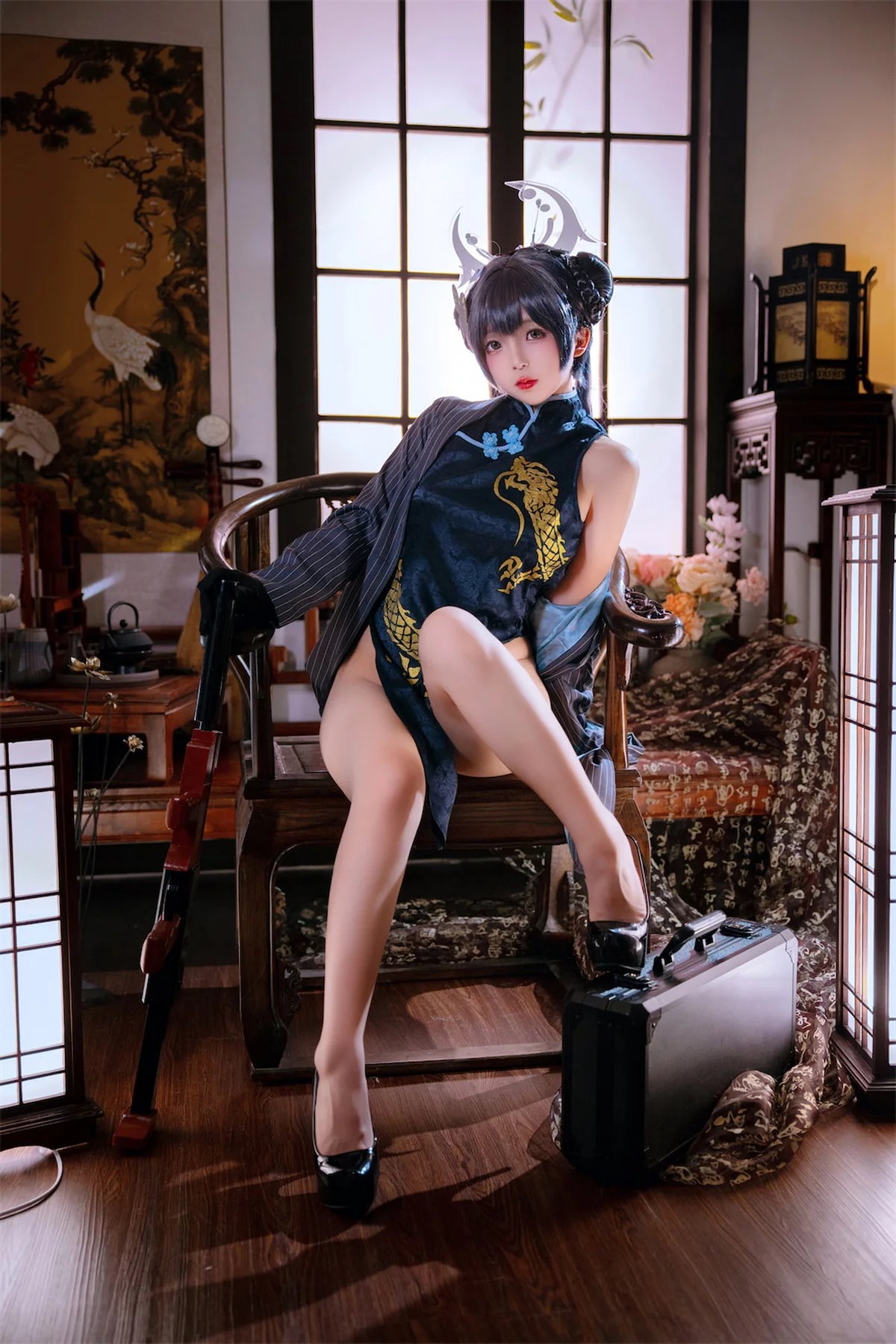 Cosplay美女日奈娇碧蓝档案妃咲主题脱性感旗袍露黑色三点式内衣完美诱惑写真92P