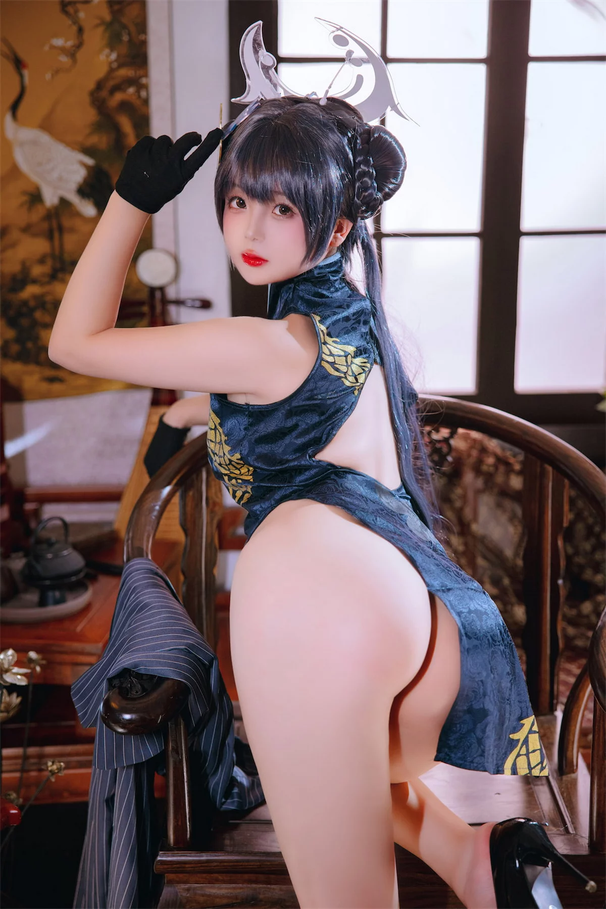 Cosplay美女日奈娇碧蓝档案妃咲主题脱性感旗袍露黑色三点式内衣完美诱惑写真92P