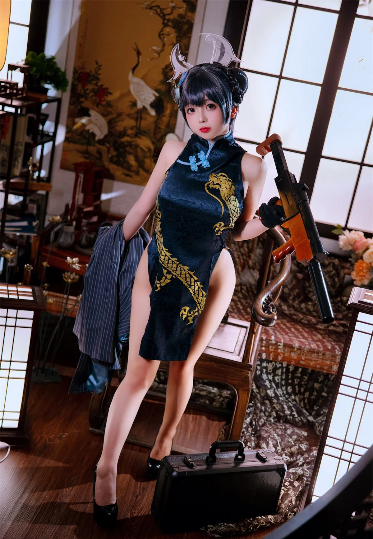 Cosplay美女日奈娇碧蓝档案妃咲主题脱性感旗袍露黑色三点式内衣完美诱惑写真92P