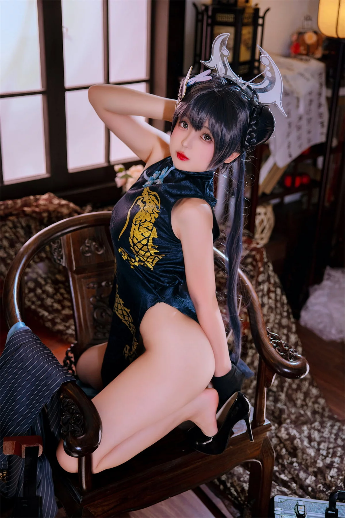 Cosplay美女日奈娇碧蓝档案妃咲主题脱性感旗袍露黑色三点式内衣完美诱惑写真92P
