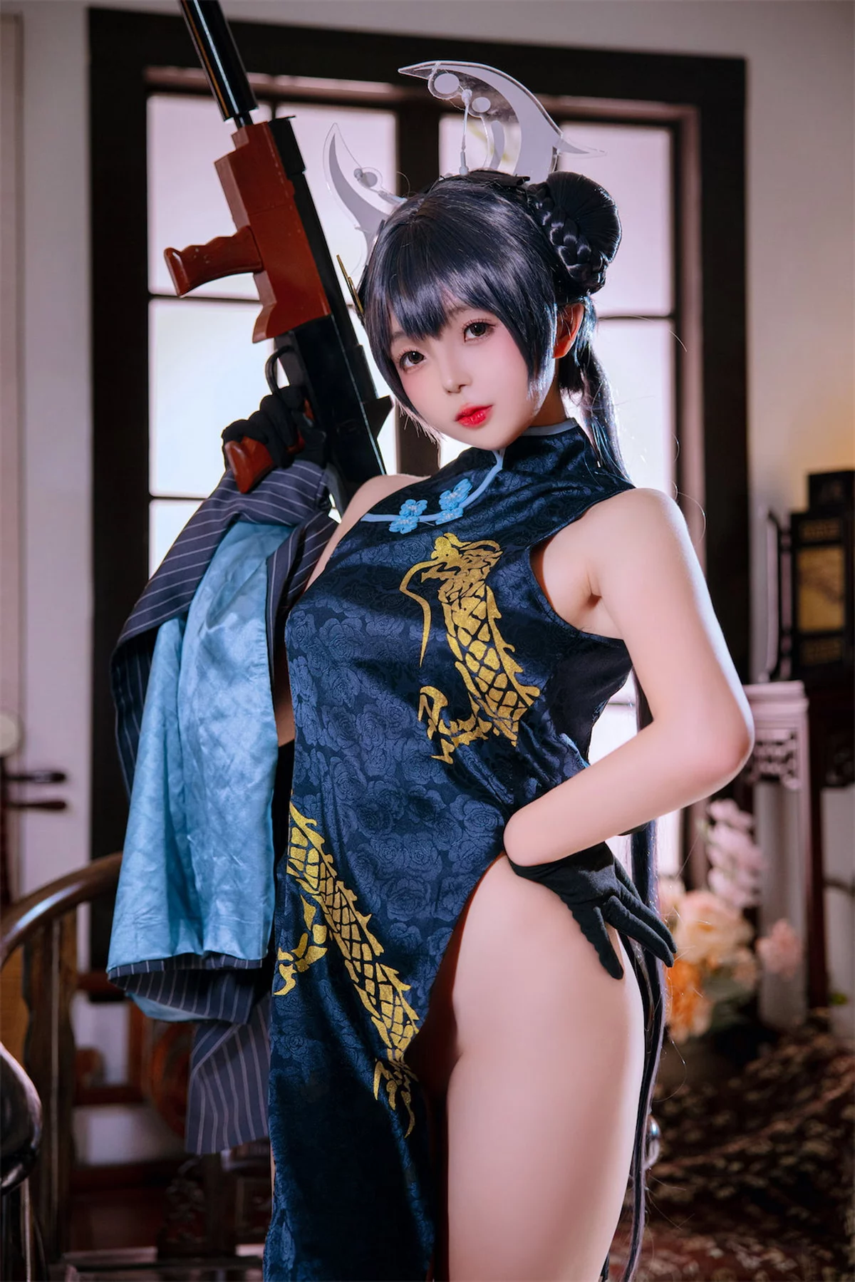 Cosplay美女日奈娇碧蓝档案妃咲主题脱性感旗袍露黑色三点式内衣完美诱惑写真92P
