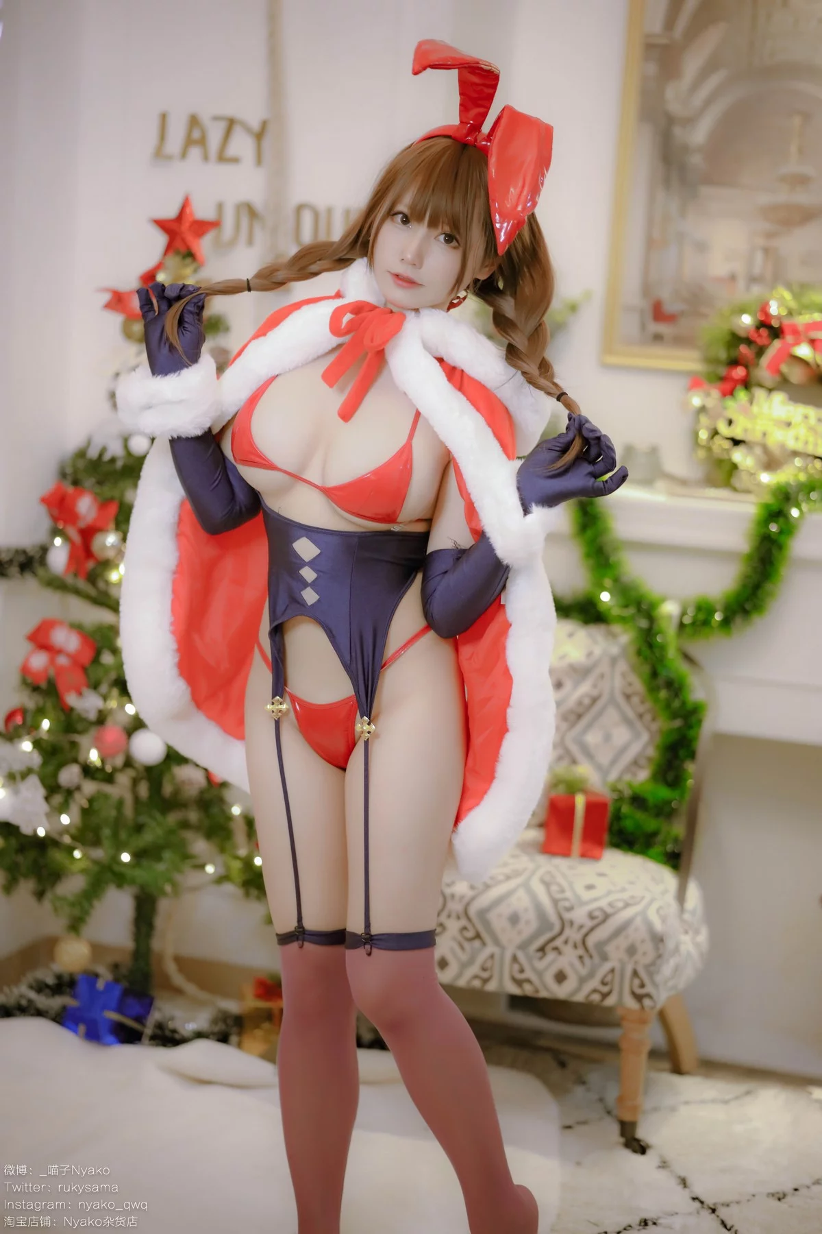 网络美女Nyako喵子Christmas Bunny主题兔女郎装扮红色皮质内衣秀豪乳诱惑写真154P