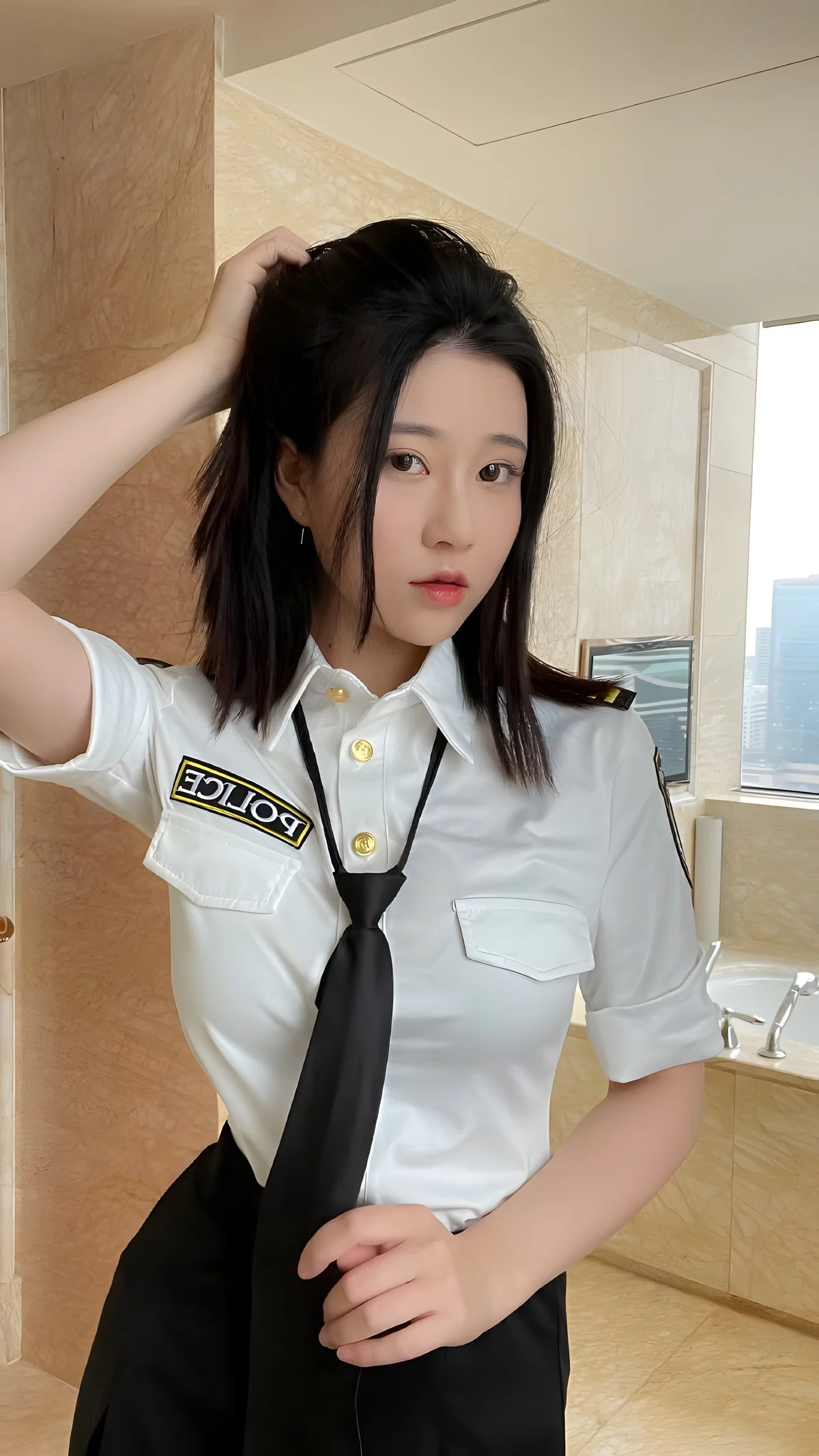 网络美女年年Nnian涩女警主题半脱露性感黑色蕾丝内衣配黑丝吊袜撩人诱惑写真69P