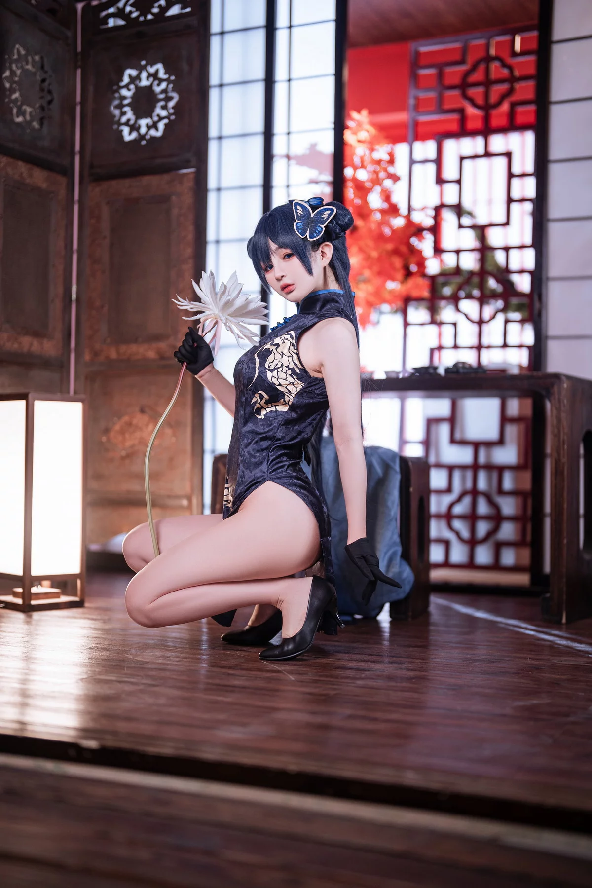 网络美女桜井宁宁失眠冲剂妃咲主题性感黑色高开旗袍秀翘臀美腿迷人诱惑写真40P