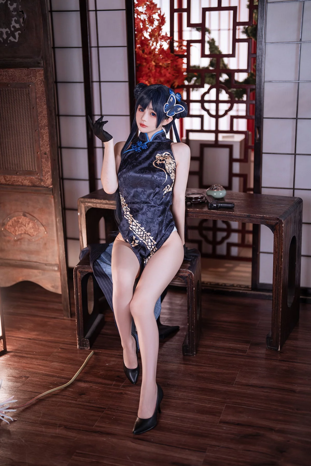 网络美女桜井宁宁失眠冲剂妃咲主题性感黑色高开旗袍秀翘臀美腿迷人诱惑写真40P