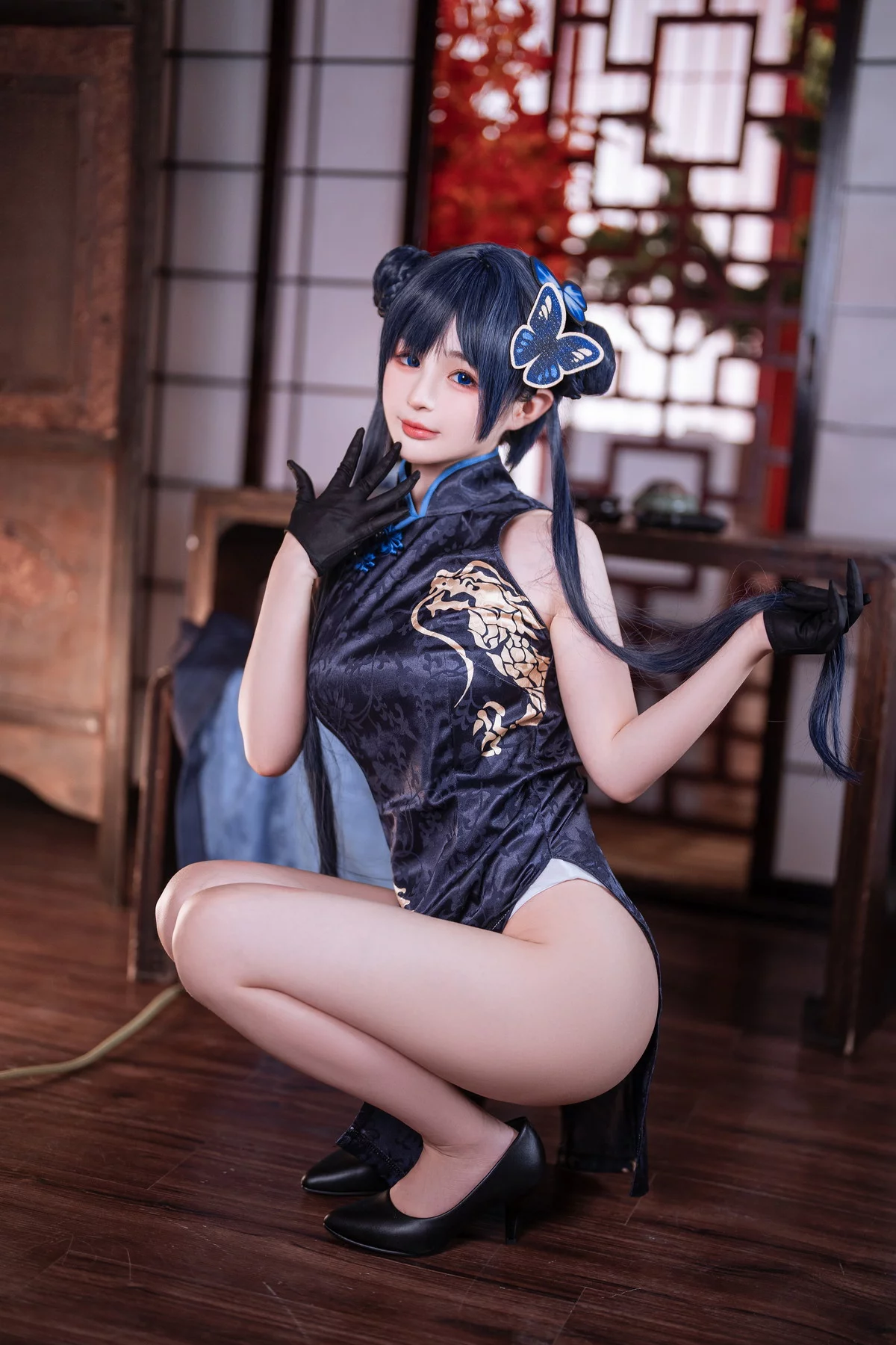 网络美女桜井宁宁失眠冲剂妃咲主题性感黑色高开旗袍秀翘臀美腿迷人诱惑写真40P