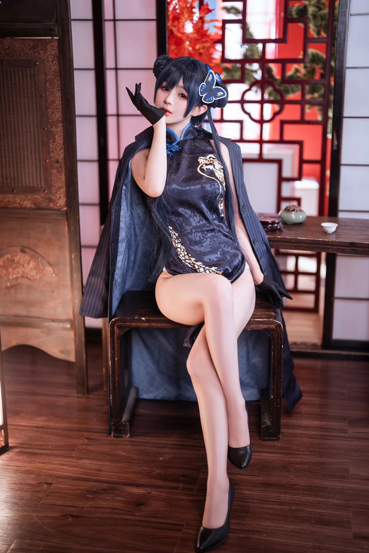 网络美女桜井宁宁失眠冲剂妃咲主题性感黑色高开旗袍秀翘臀美腿迷人诱惑写真40P