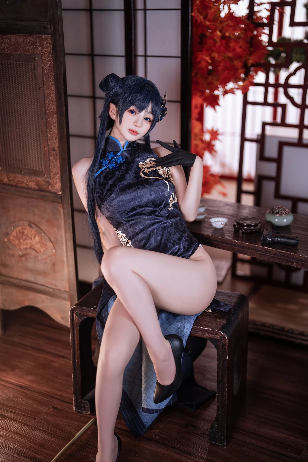 网络美女桜井宁宁失眠冲剂妃咲主题性感黑色高开旗袍秀翘臀美腿迷人诱惑写真40P