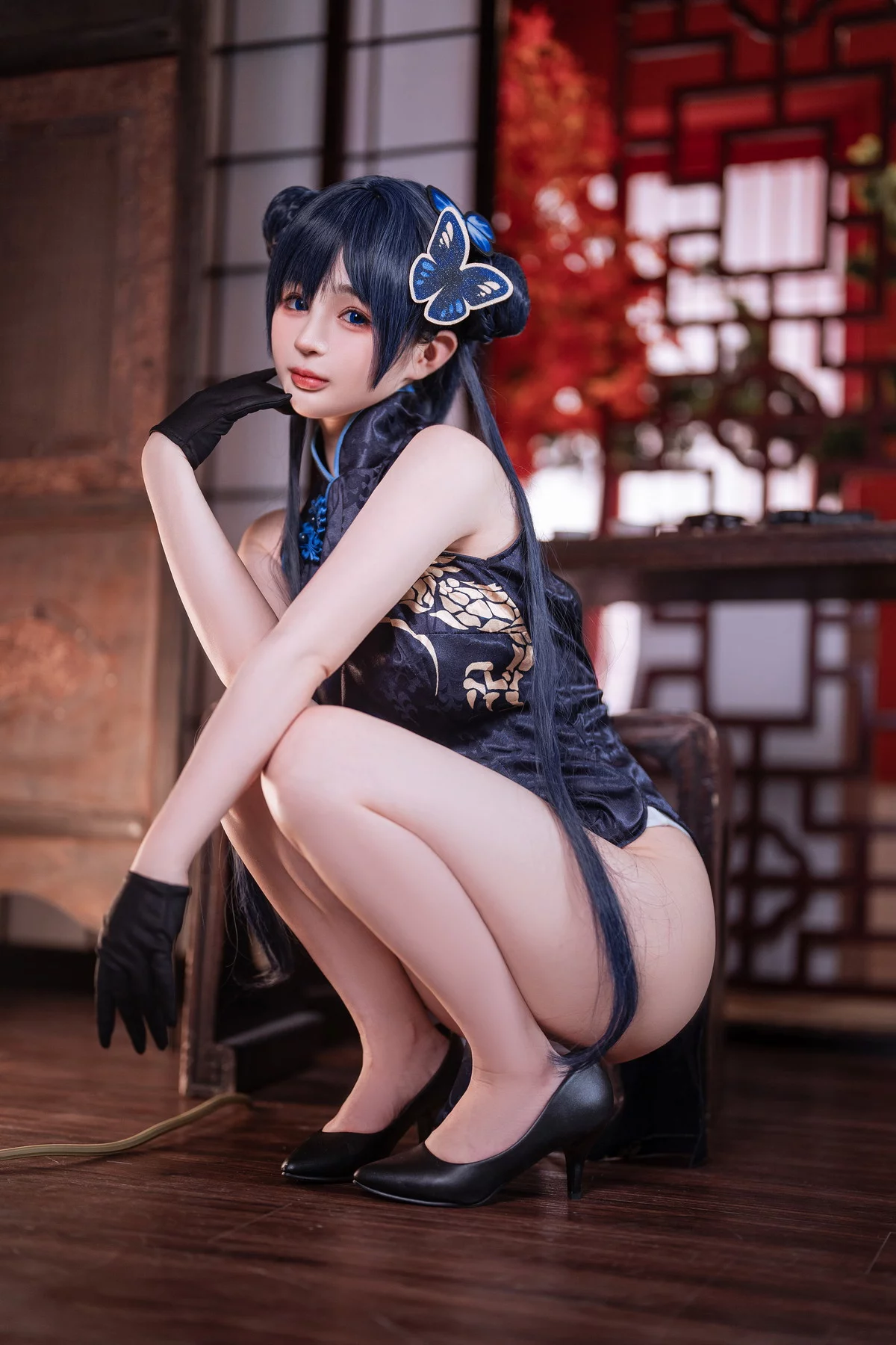 网络美女桜井宁宁失眠冲剂妃咲主题性感黑色高开旗袍秀翘臀美腿迷人诱惑写真40P