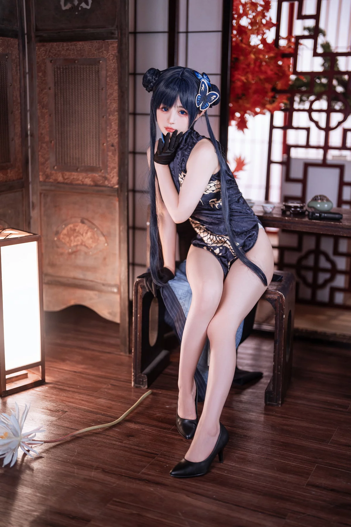 网络美女桜井宁宁失眠冲剂妃咲主题性感黑色高开旗袍秀翘臀美腿迷人诱惑写真40P