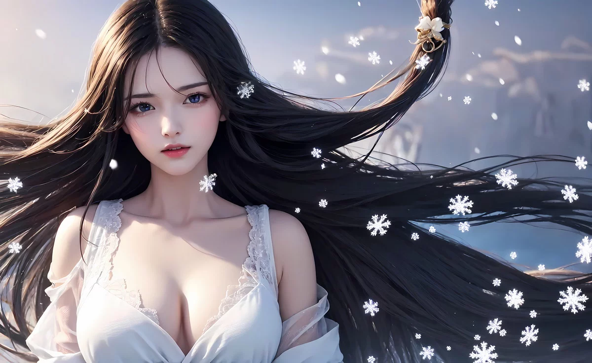 AI美图018期千山暮雪主题长发飘逸美少女性感写真及下载24P