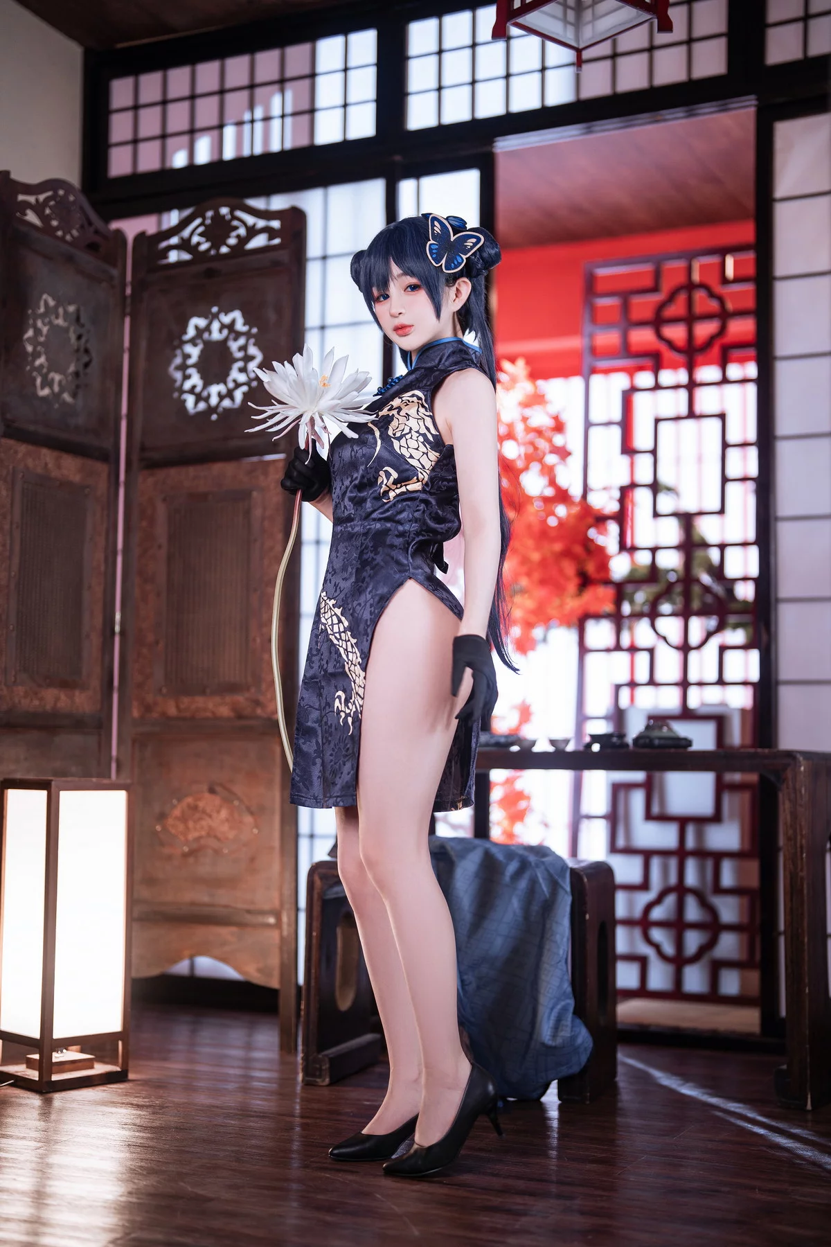 网络美女桜井宁宁失眠冲剂妃咲主题性感黑色高开旗袍秀翘臀美腿迷人诱惑写真40P