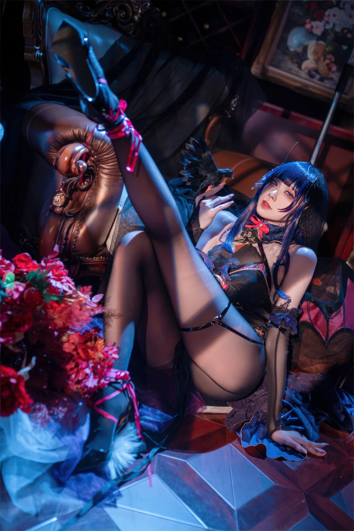 动漫博主安食Ajiki雷电将军魅魔主题性感黑色礼服配超薄黑丝秀美腿诱惑写真35P