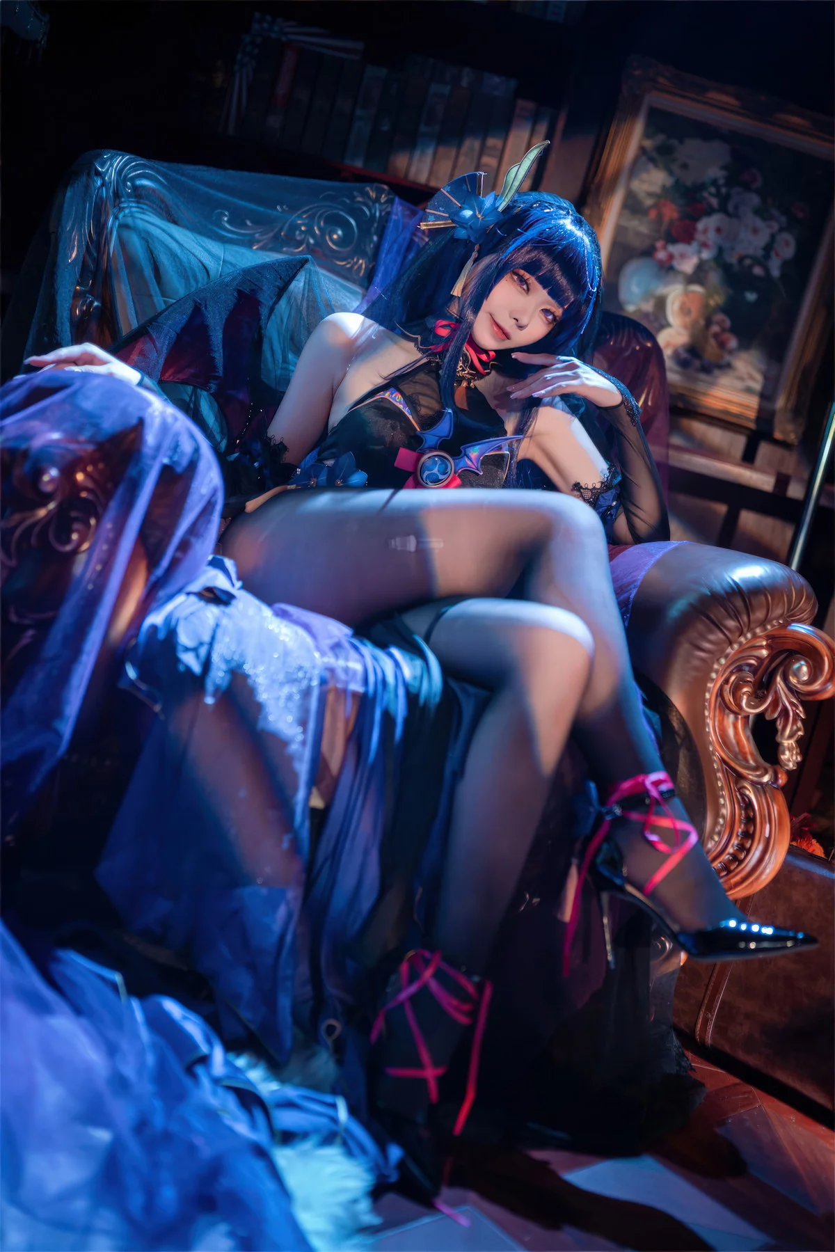 动漫博主安食Ajiki雷电将军魅魔主题性感黑色礼服配超薄黑丝秀美腿诱惑写真35P