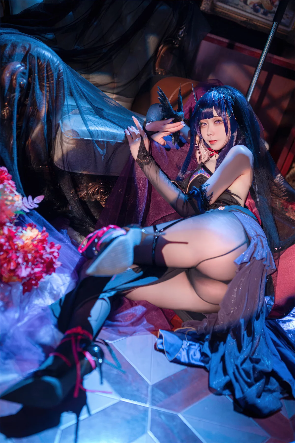 动漫博主安食Ajiki雷电将军魅魔主题性感黑色礼服配超薄黑丝秀美腿诱惑写真35P