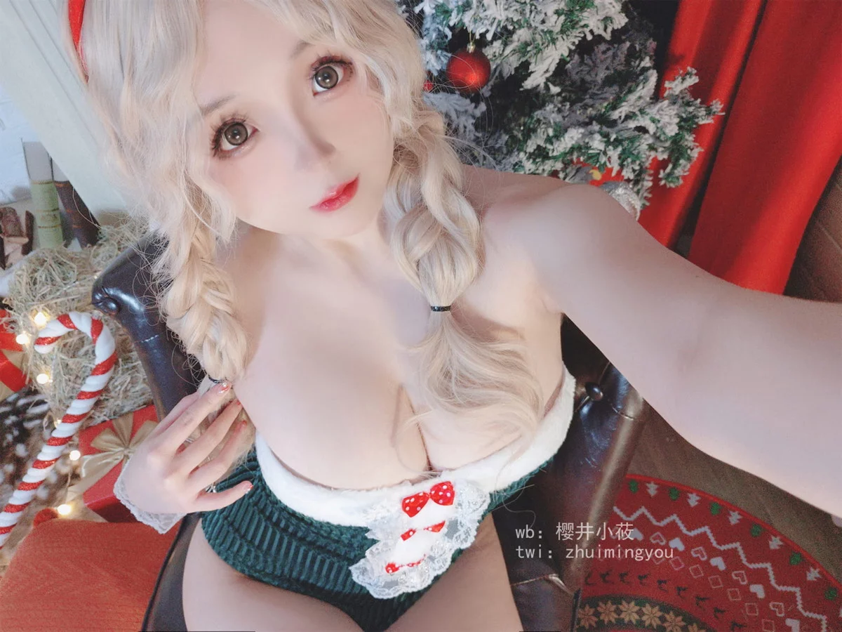 Cosplay美女日奈娇鹿女郎主题圣诞女郎装扮性感低胸连体衣配红丝网袜诱惑写真57P
